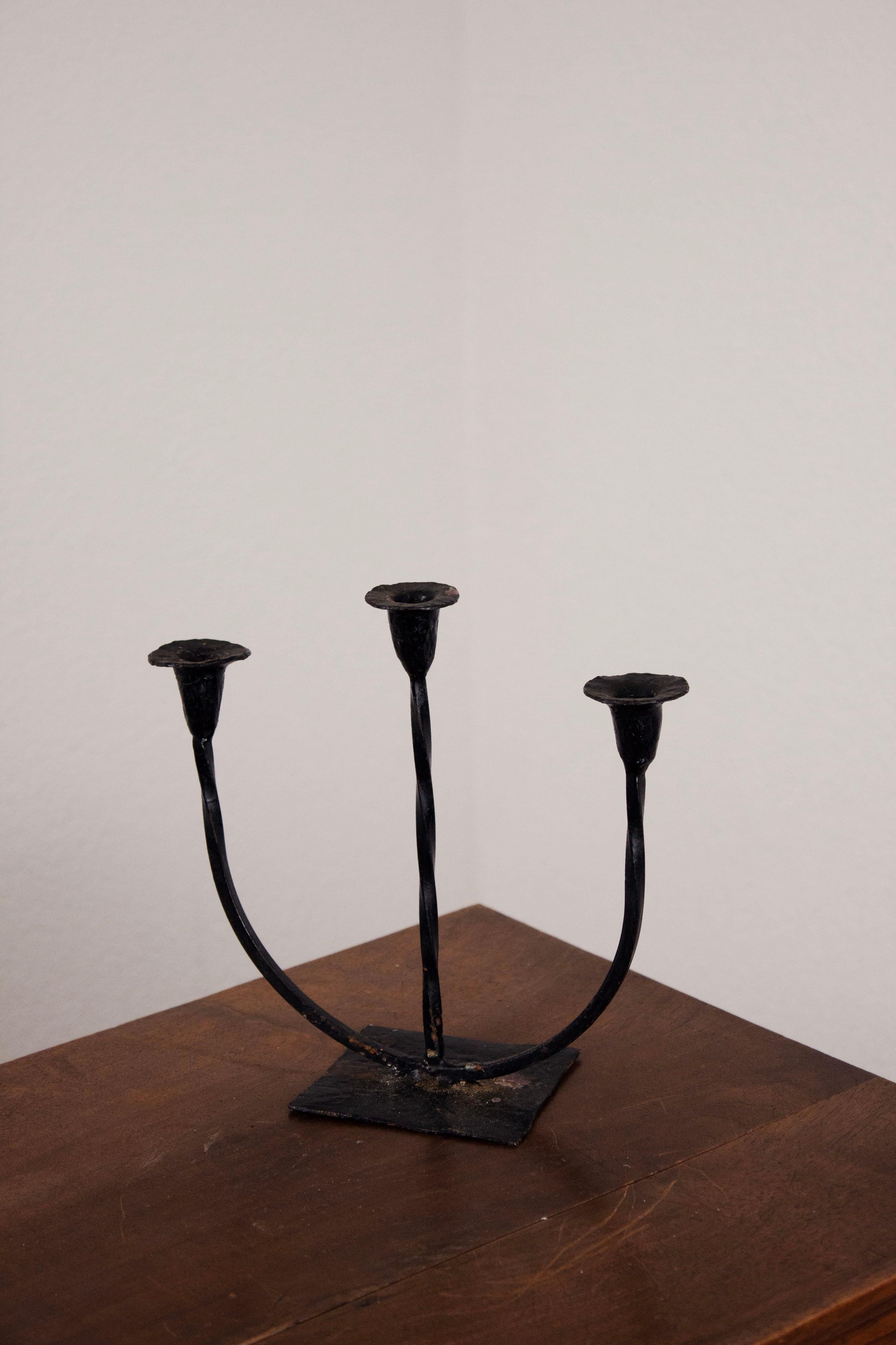 Brutalist French Hand-Forged Iron Three-Arm Candelabra, Mid-20th Century For Sale
