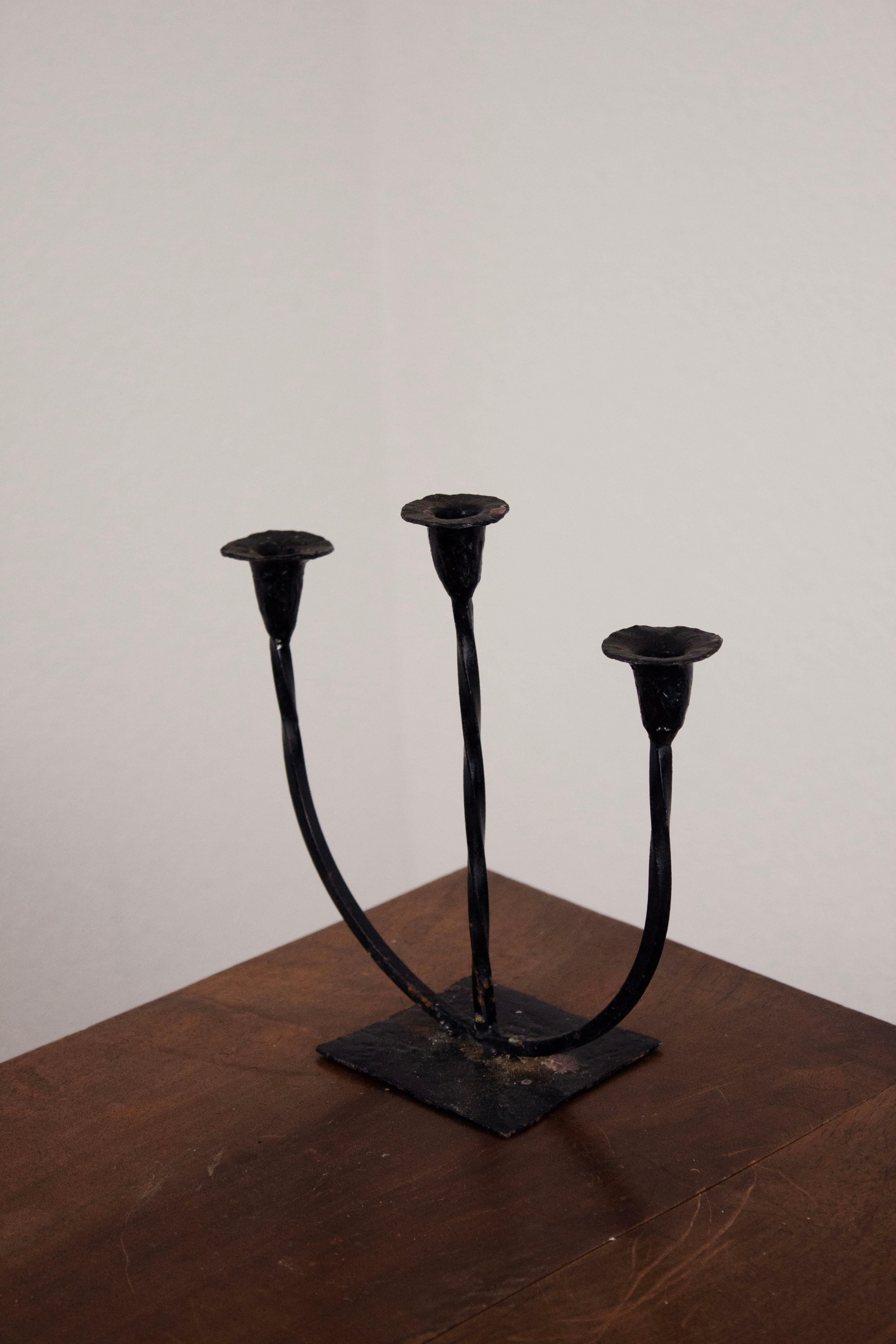 Welded French Hand-Forged Iron Three-Arm Candelabra, Mid-20th Century For Sale