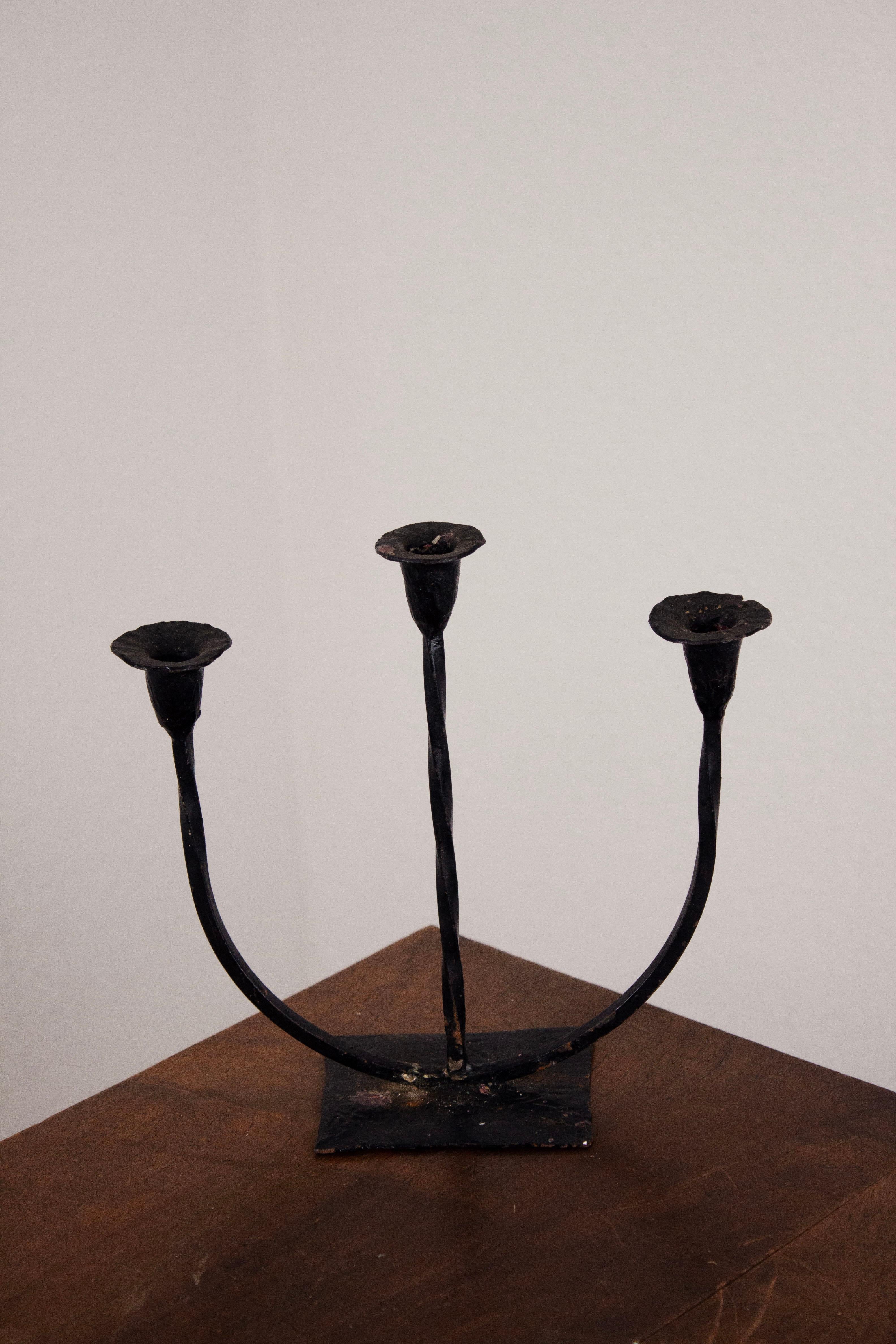 French Hand-Forged Iron Three-Arm Candelabra, Mid-20th Century For Sale 2