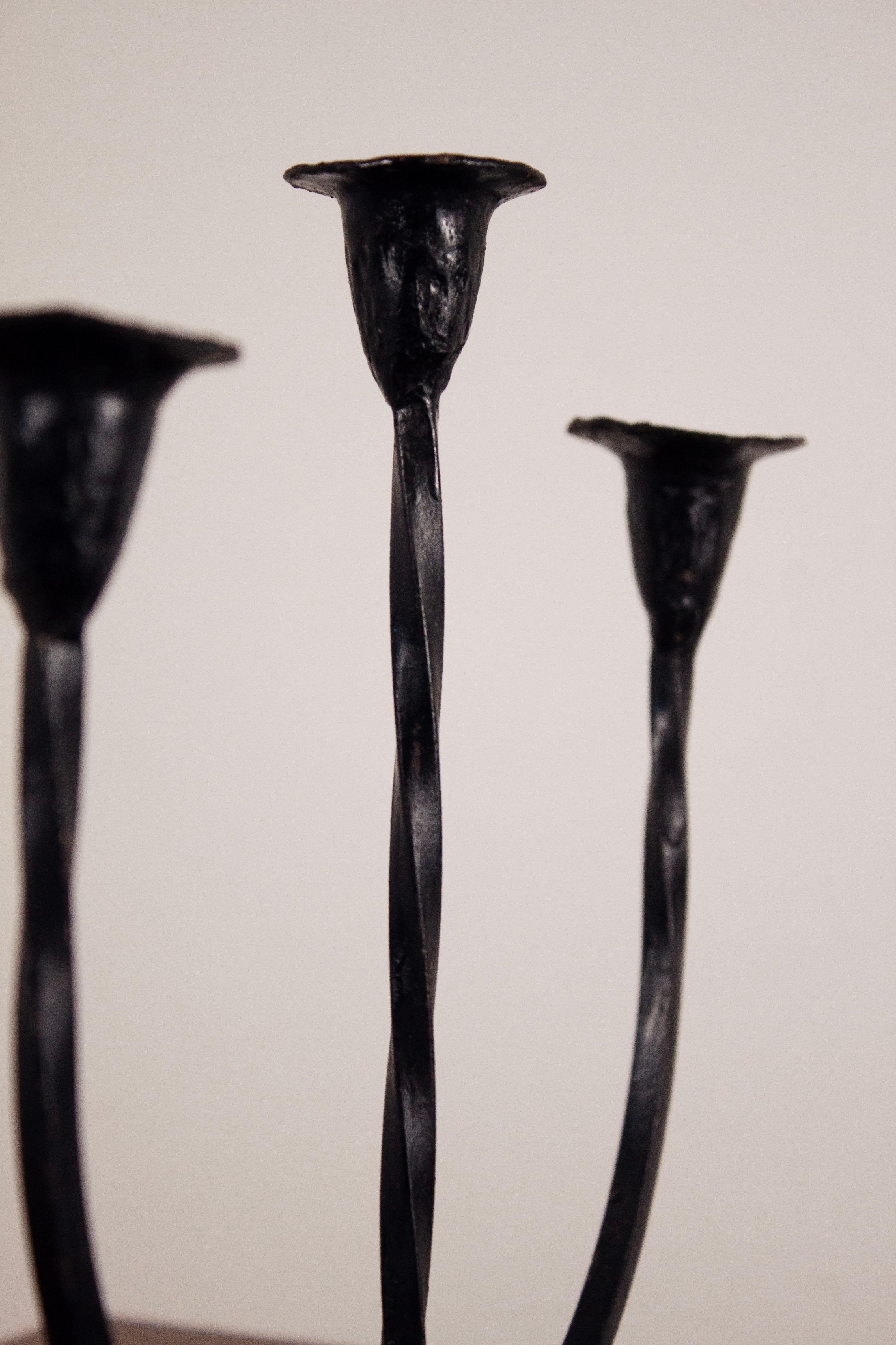 French Hand-Forged Iron Three-Arm Candelabra, Mid-20th Century For Sale 3