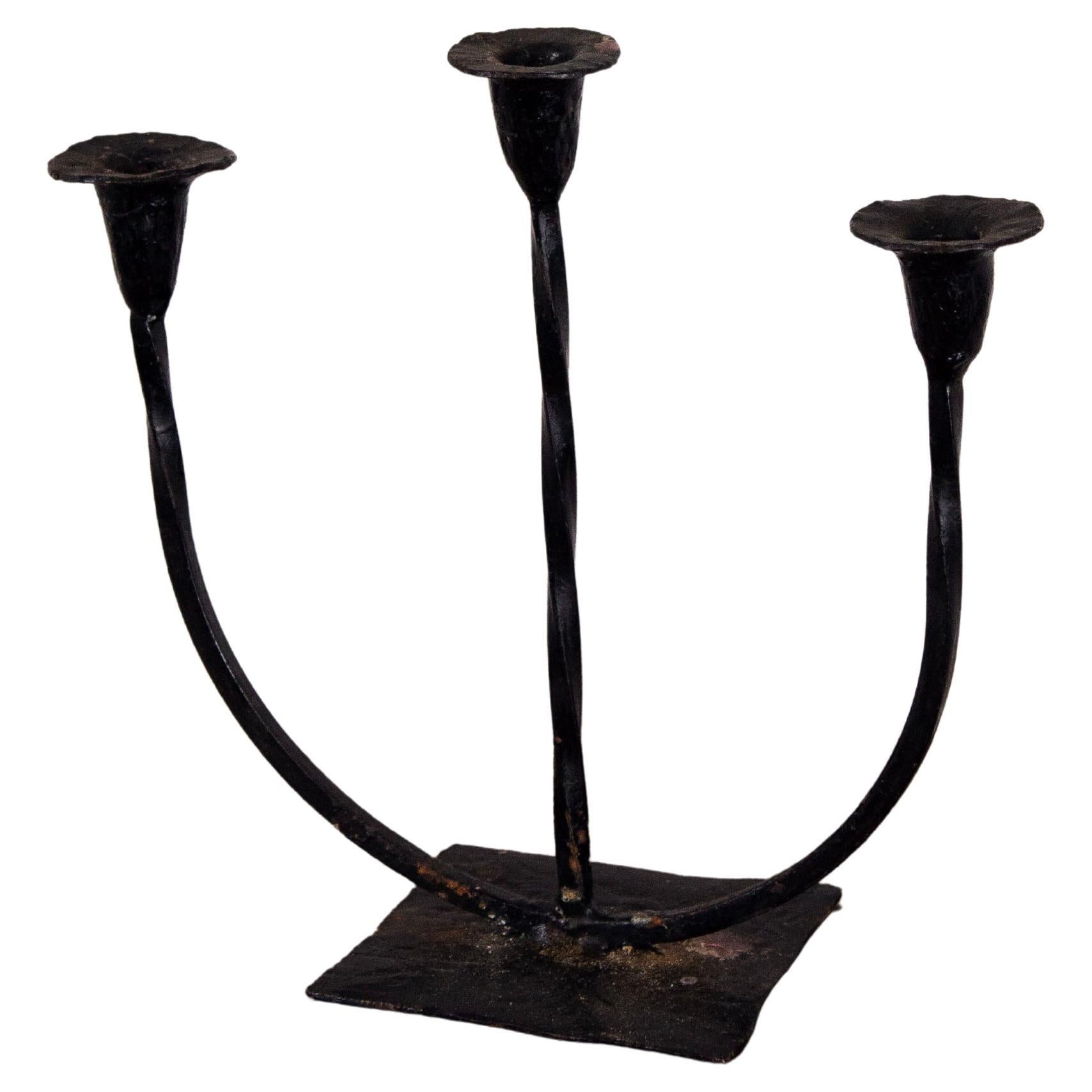 French Hand-Forged Iron Three-Arm Candelabra, Mid-20th Century For Sale