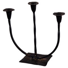 French Hand-Forged Iron Three-Arm Candelabra, Mid-20th Century