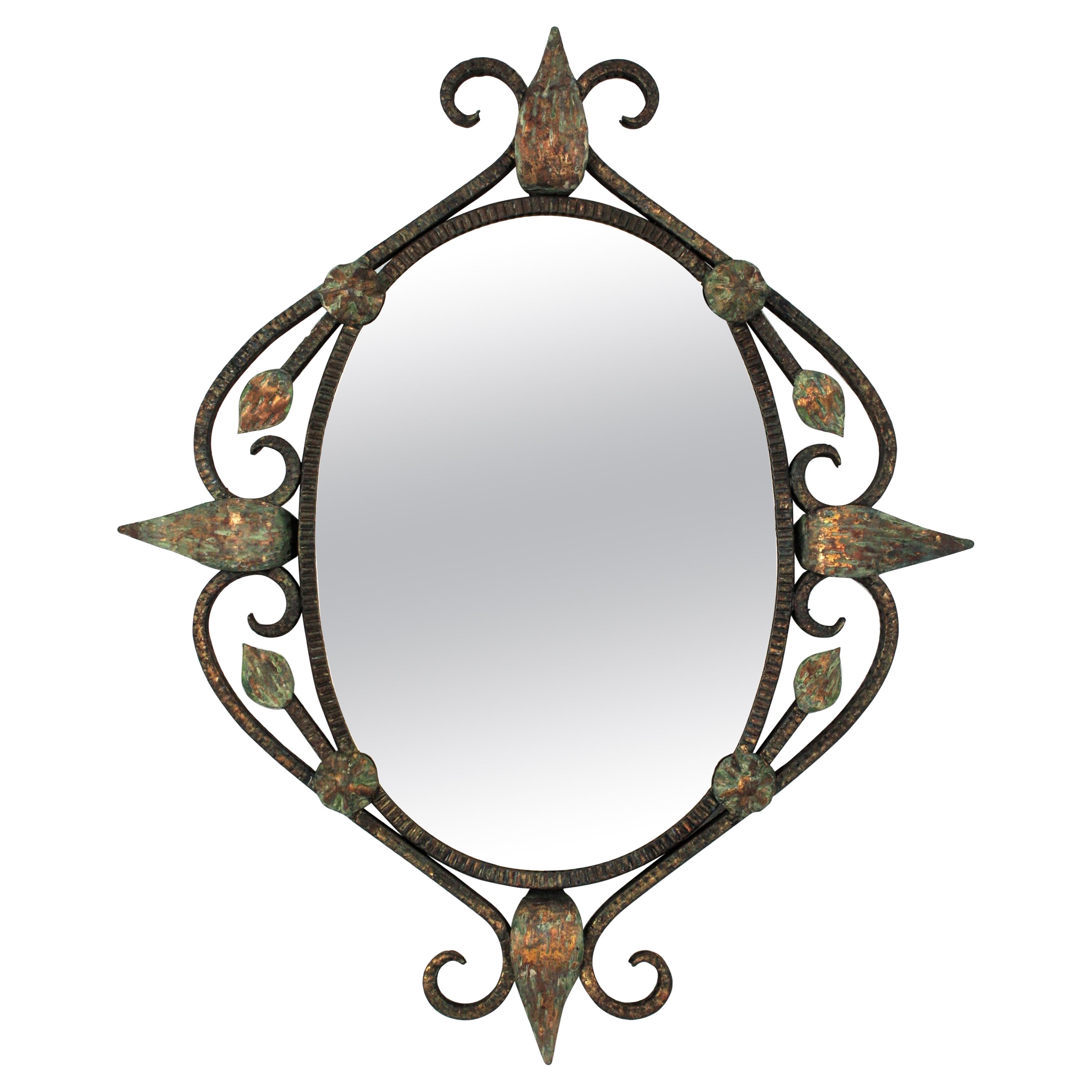 Specchio da parete ovale francese forgiato a mano, patina Greene & Greene, anni '40