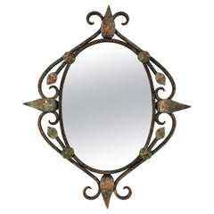 Specchio da parete ovale francese forgiato a mano, patina Greene & Greene, anni '40