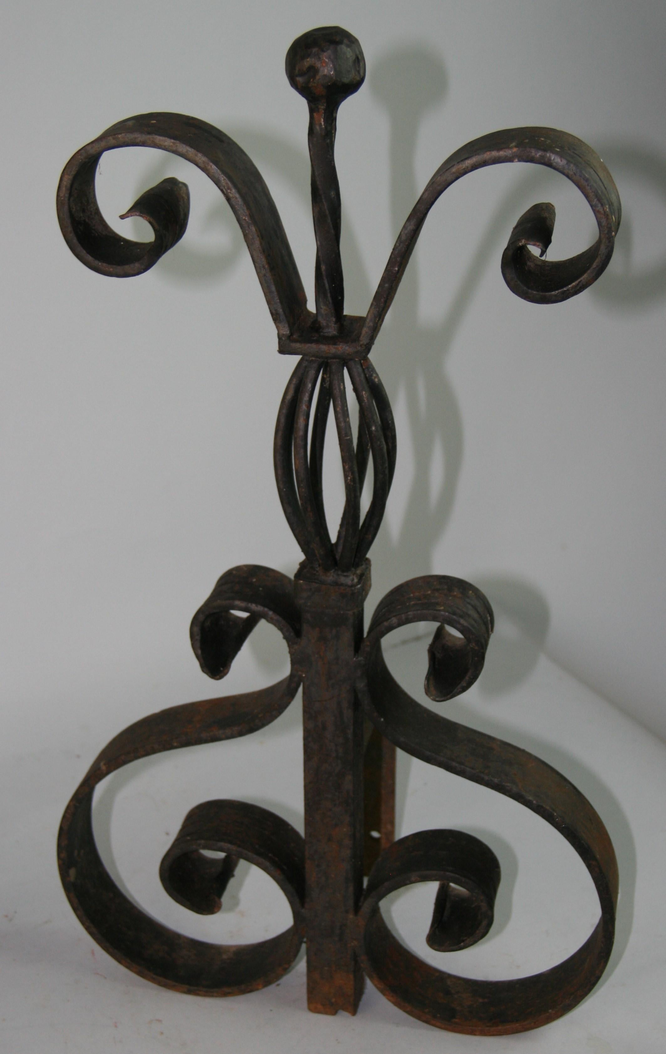 Hand-Crafted French Hand Forged Pair Basket Top Andirons 1930's