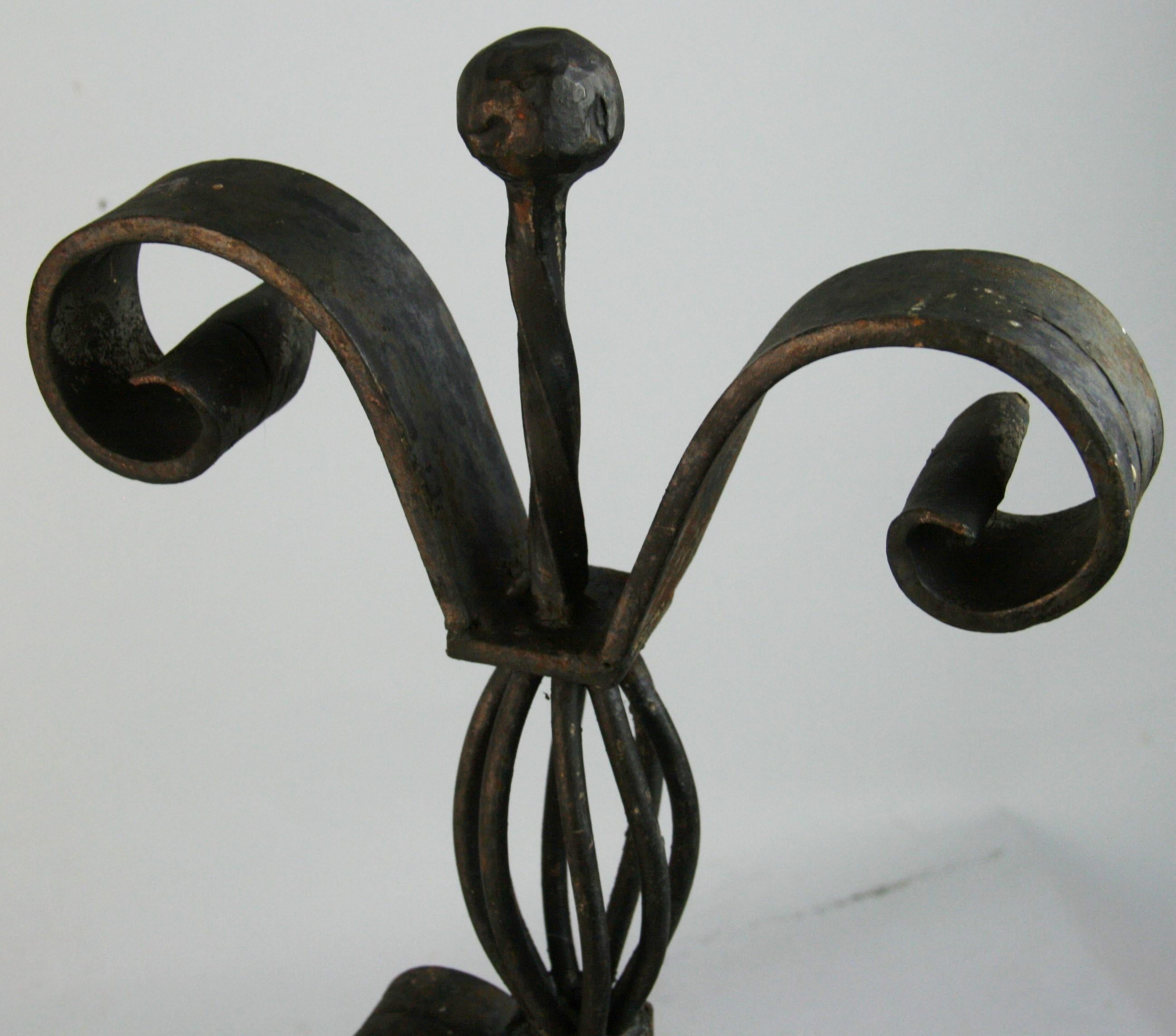 French Hand Forged Pair Basket Top Andirons 1930's In Good Condition In Douglas Manor, NY