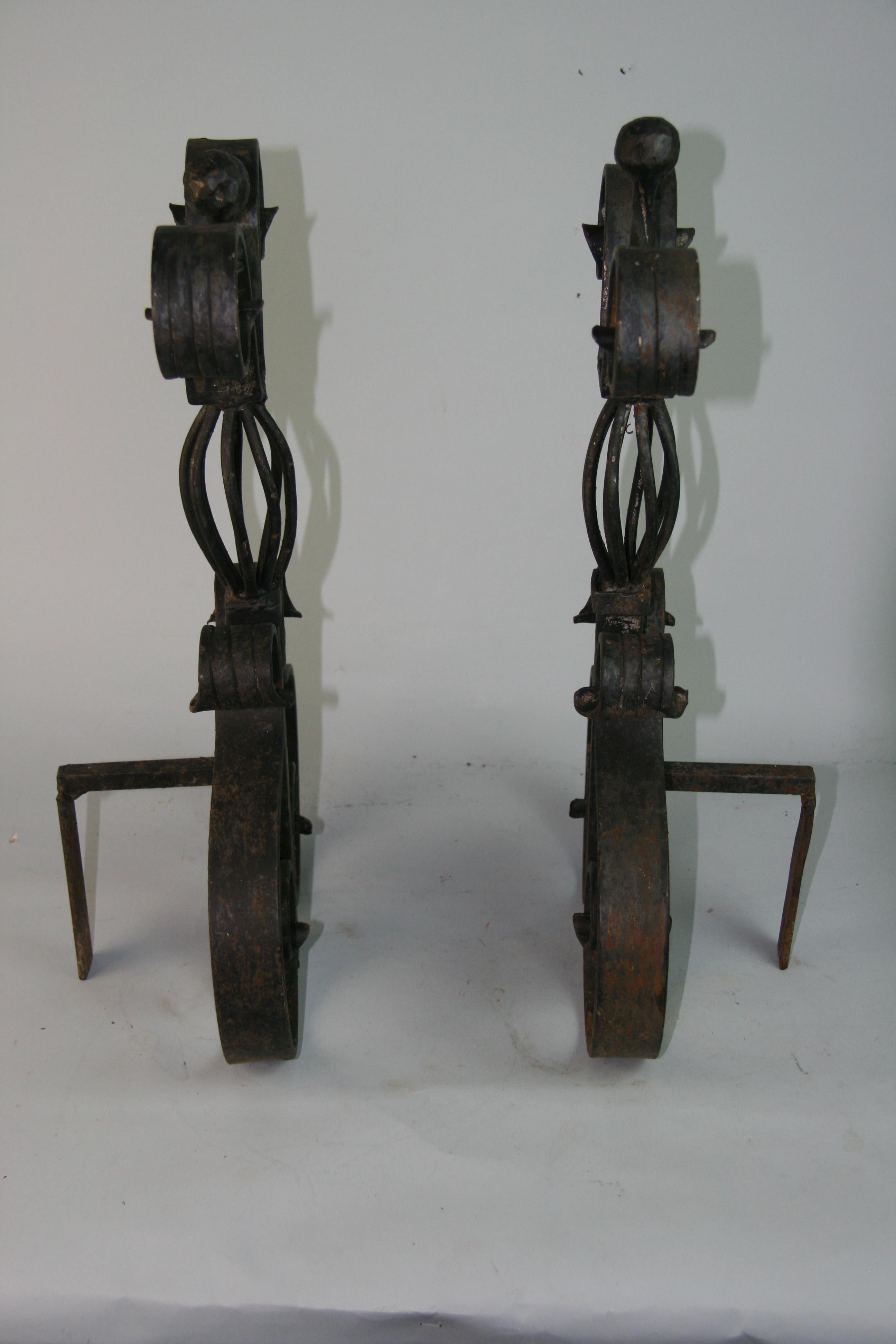 French Hand Forged Pair Basket Top Andirons 1930's 1