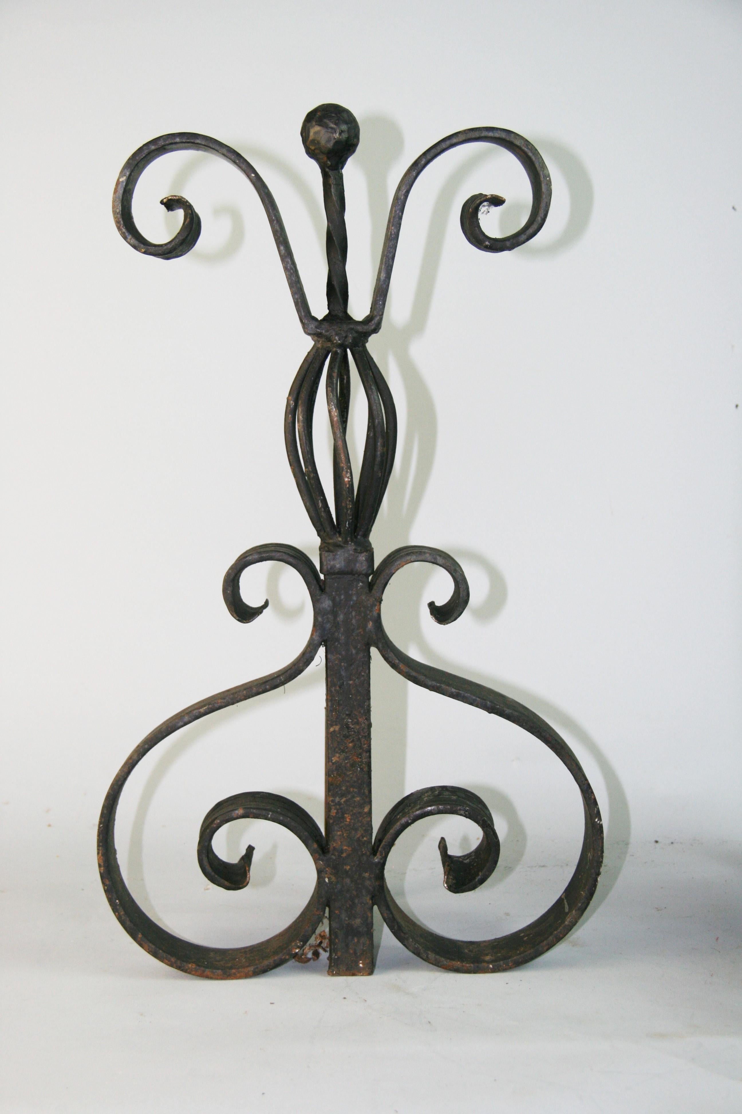 French Hand Forged Pair Basket Top Andirons 1930's 2