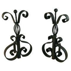 French Hand Forged Pair Basket Top Andirons 1930's
