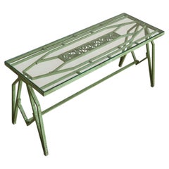 French Hand-Forged Verdigris Wrought Iron + Glass Top Coffee Table, 1950s