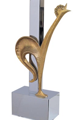 Französische handgehämmerte „Rooster“-Lampe aus vergoldeter Bronze und Chrom von Maison Charles
