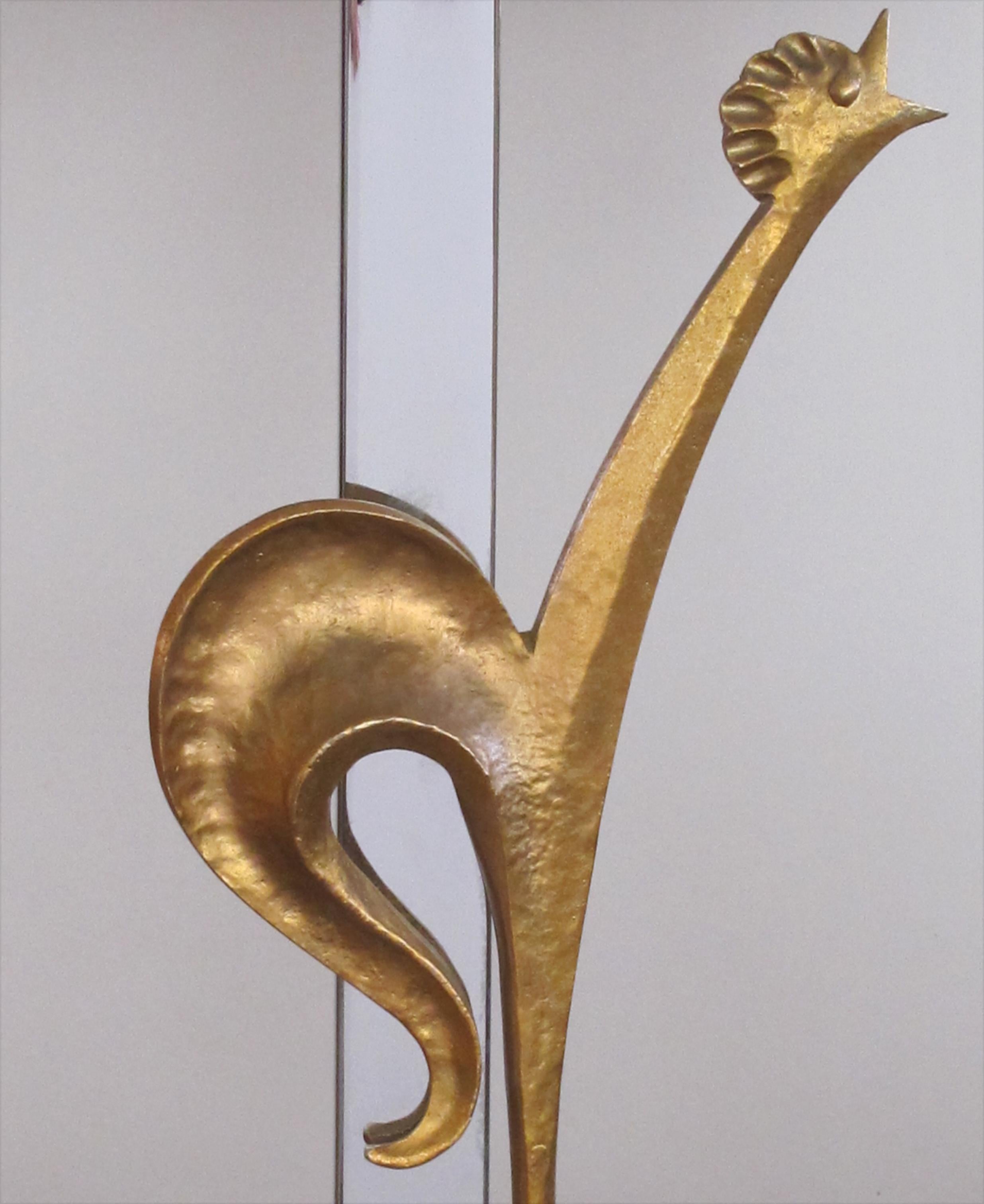 Mid-Century Modern French Hand-Hammered Gilt Bronze and Chrome 'Rooster' Lamp by Maison Charles For Sale