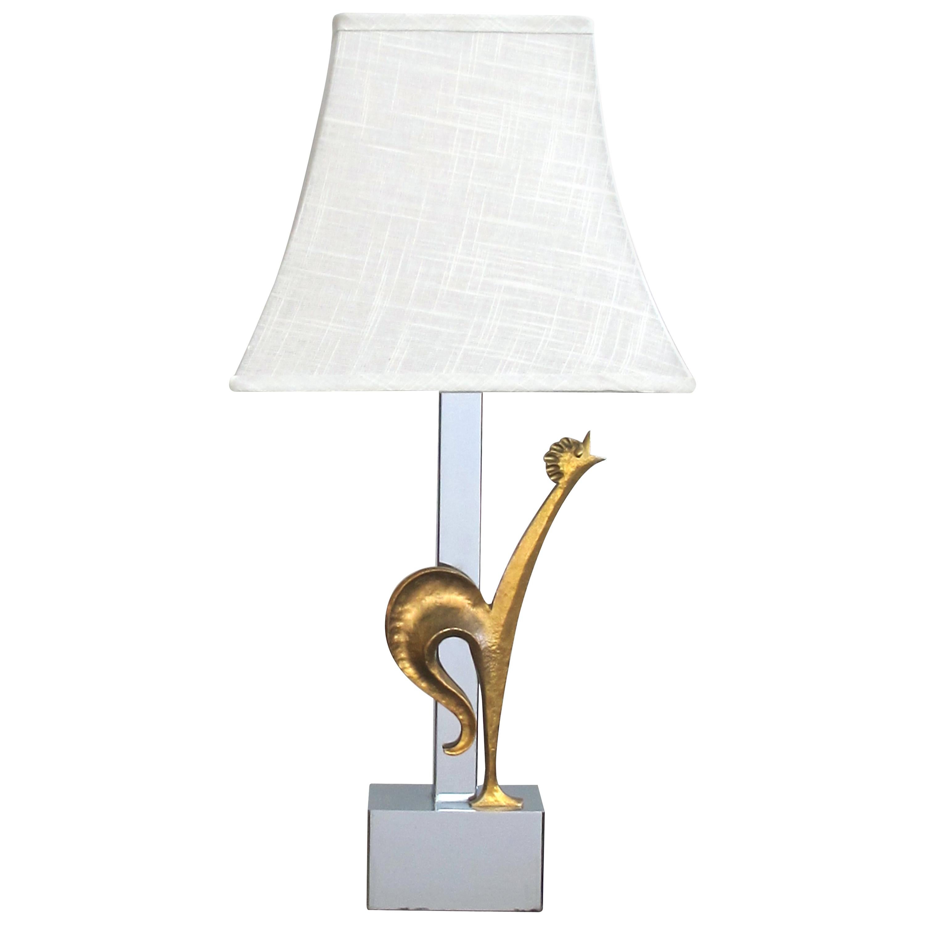 French Hand-Hammered Gilt Bronze and Chrome 'Rooster' Lamp by Maison Charles