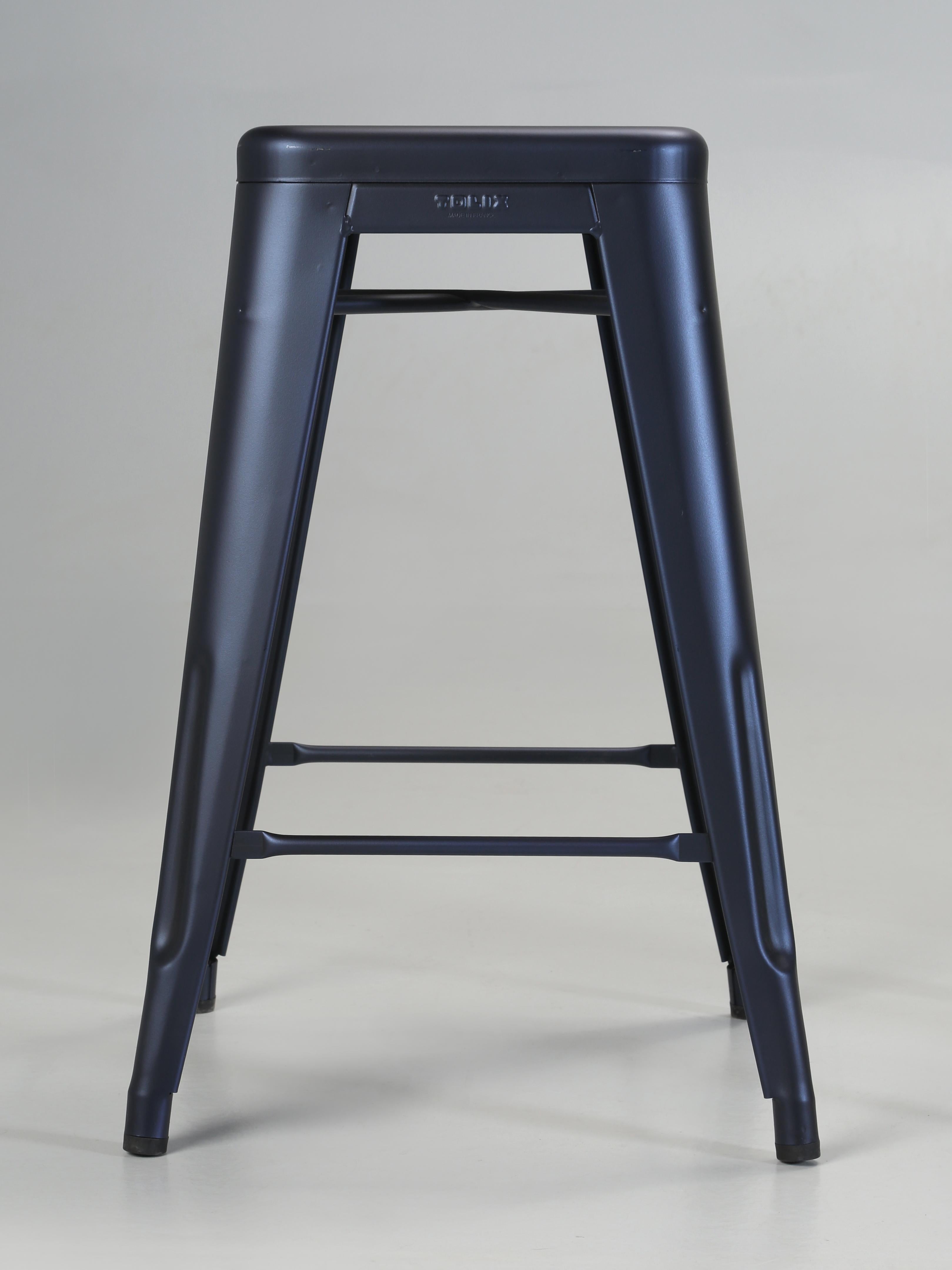 Steel French Hand-Made Genuine Tolix Kitchen Counter Stools Midnight Blue Set of (4) For Sale