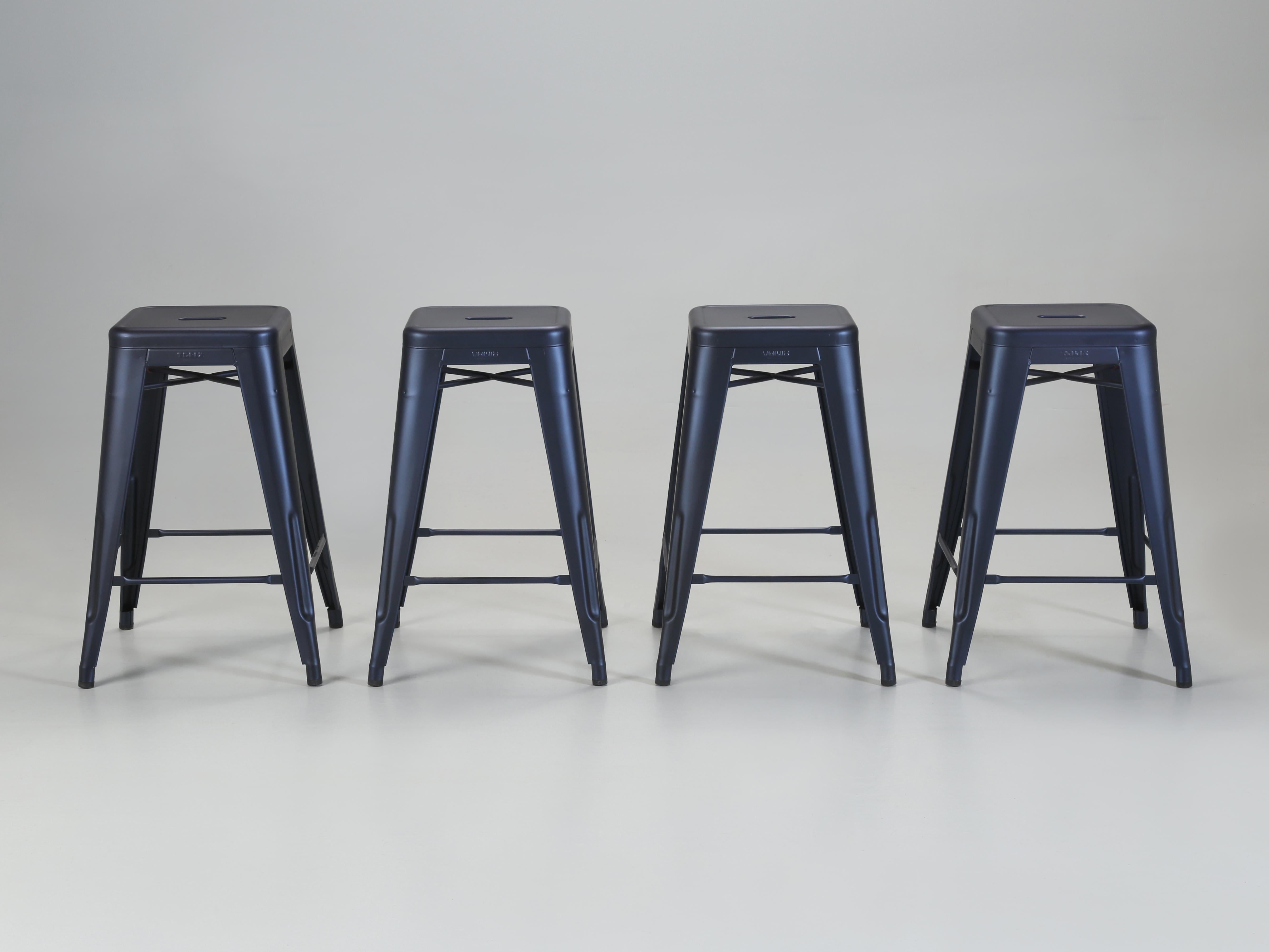 French Hand-Made Set of (4) Genuine Tolix Kitchen Counter Height Stools. We have over (1300) pieces of French Hand-Made Tolix dining chairs and Kitchen Stools, as well as Bar Height and Dining Table Height Tolix Stools in Stock. Please let us know