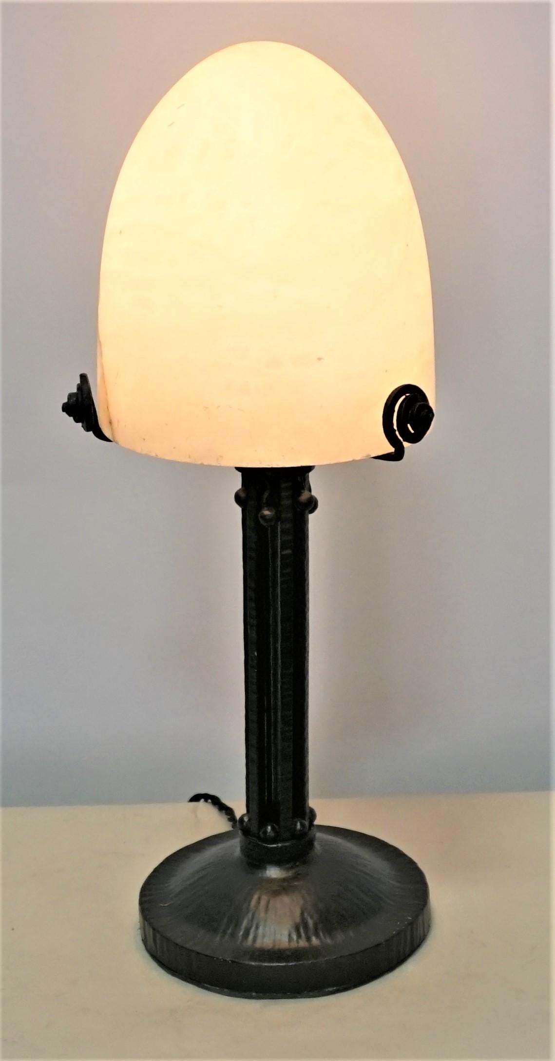 1920's Art Deco hand made iron base with alabaster lampshade table lamp.