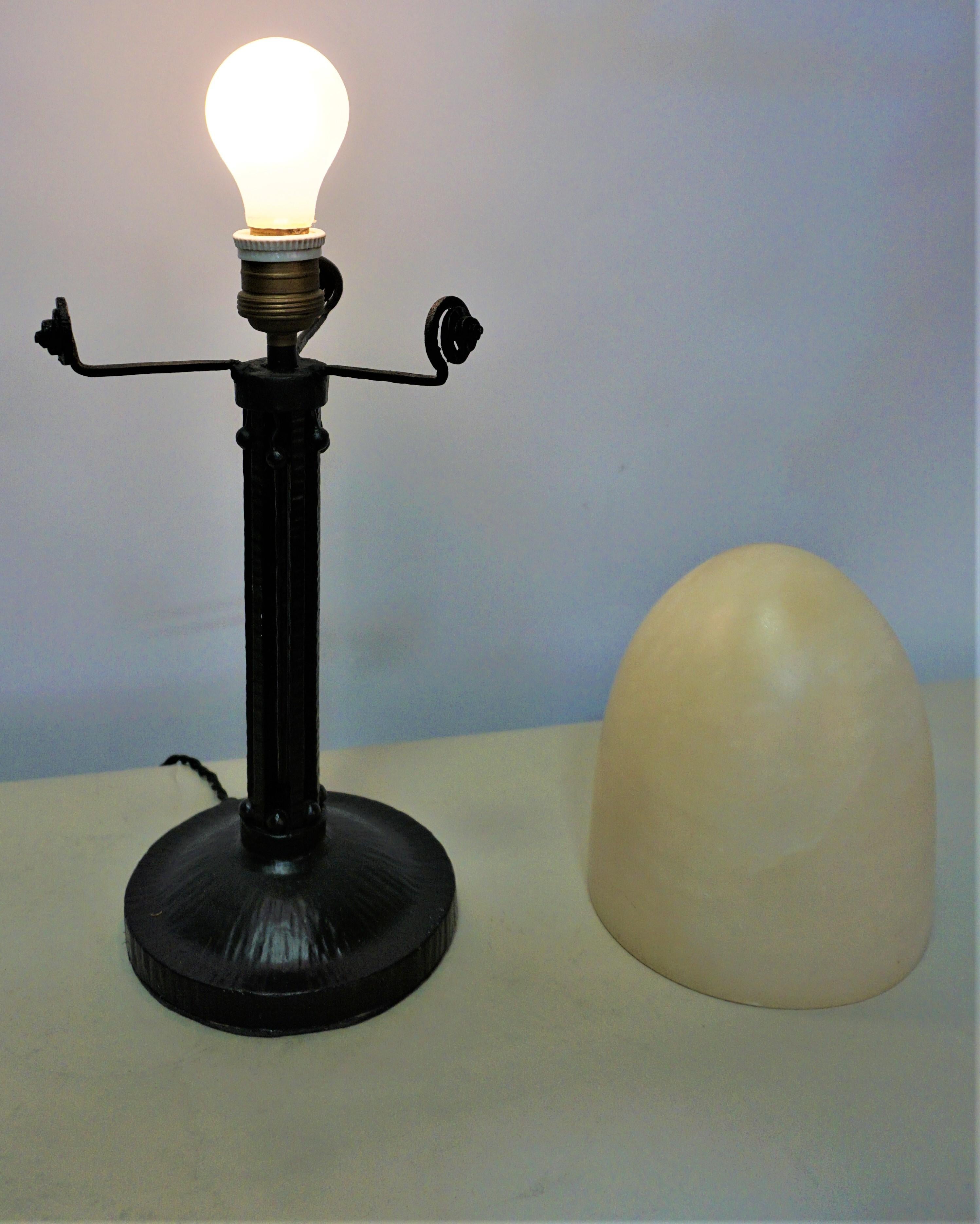 Wrought Iron French Hand Made Iron and Alabaster Art Deco Table Lamp
