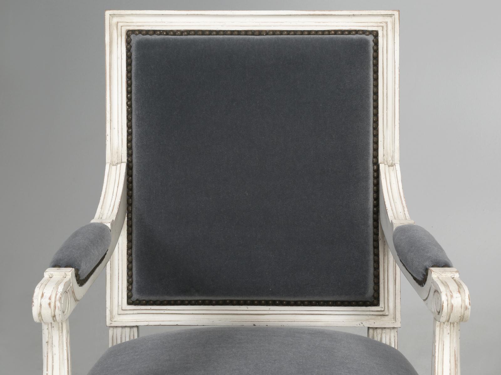 French Hand-Made Louis XVI Style DIning Room Armchairs in our Classic Old Plank Weathered White 9-Step Painted Finish and covered in a pure Wool Mohair. Your choices of finishes are virtually endless as are the COM fabrics and leathers available.