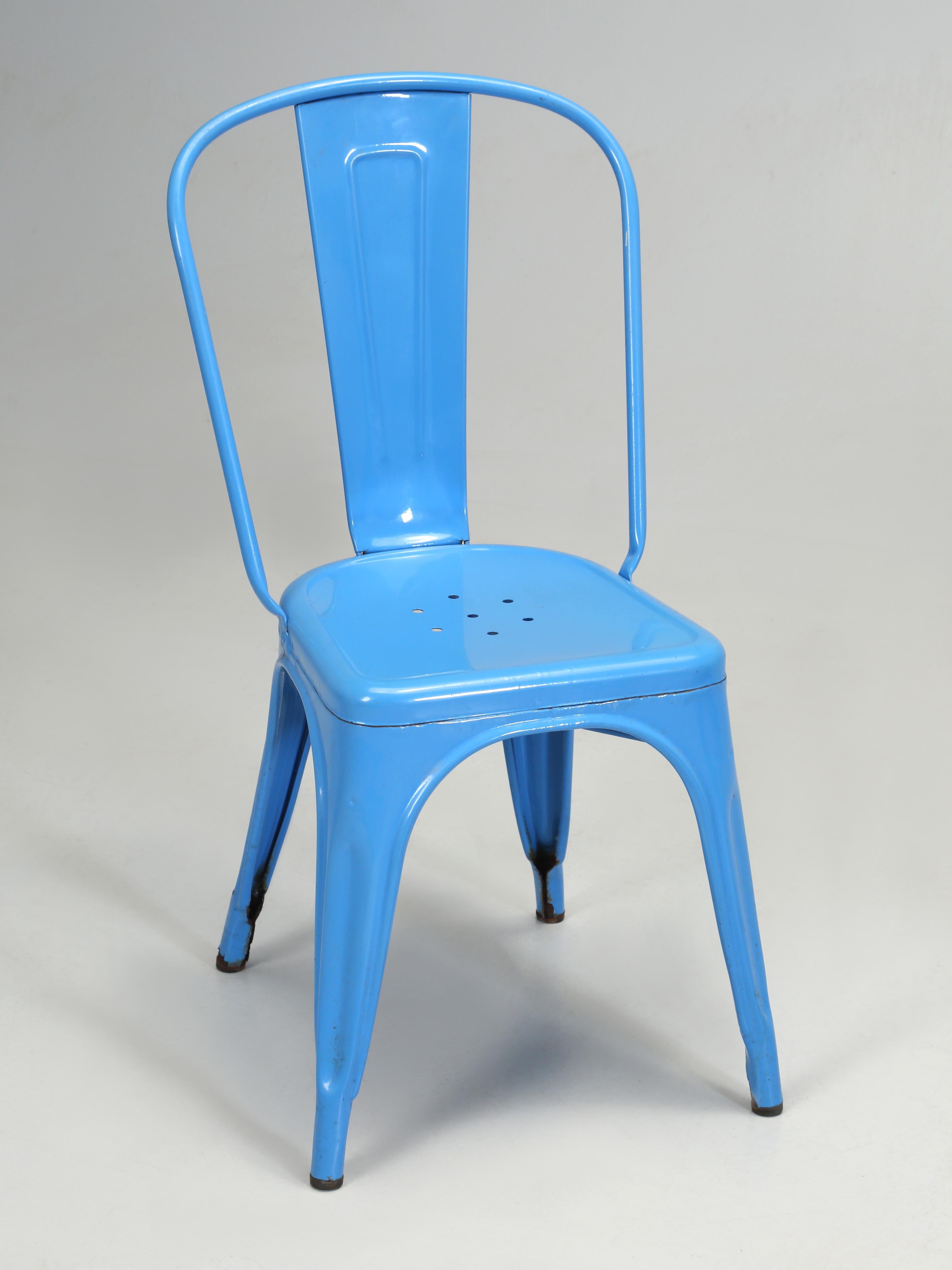 Industrial French Hand-Made Vintage Set of (4) Tolix Steel Stacking Chairs in Powder Blue For Sale