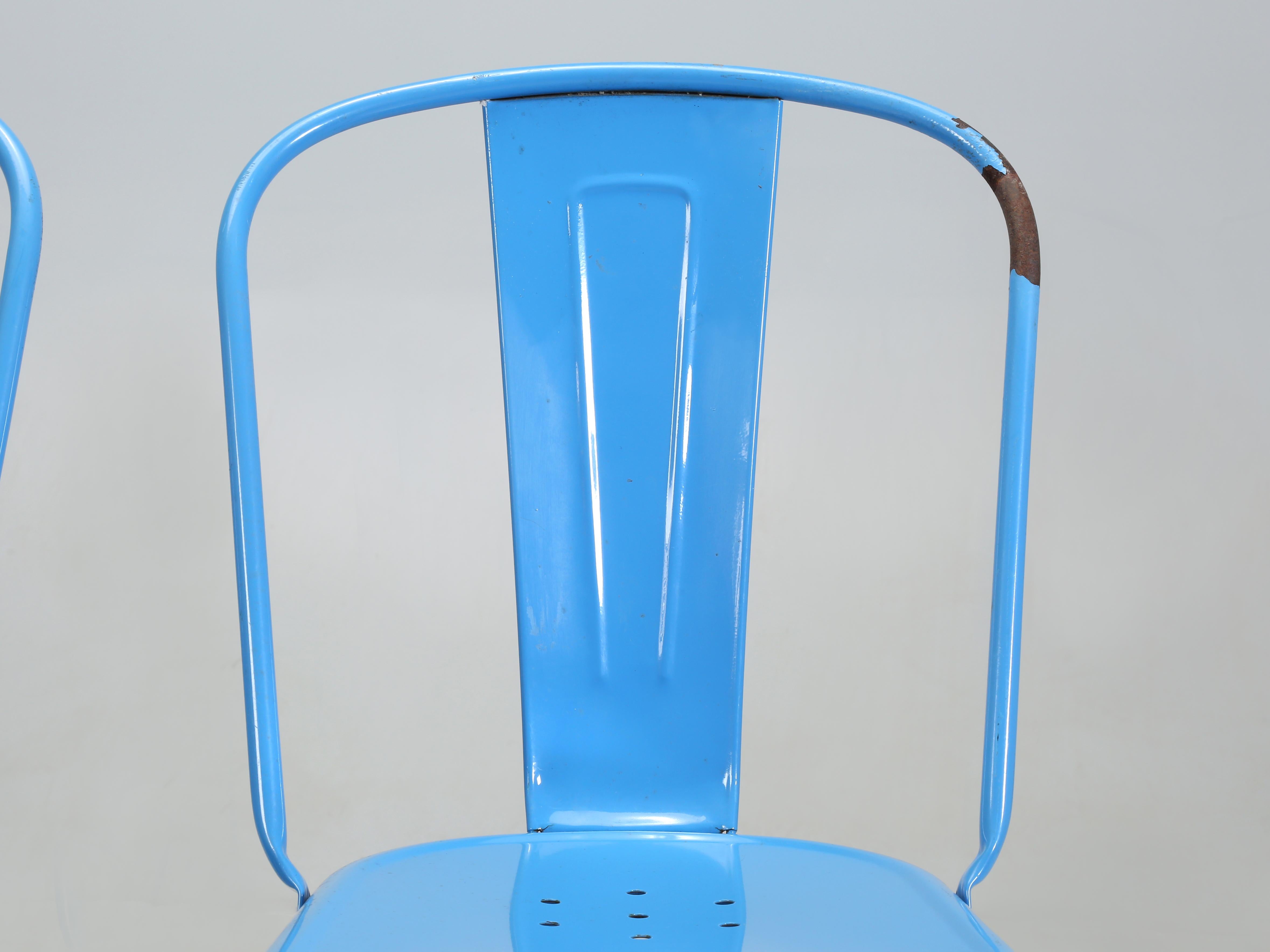 Hand-Crafted French Hand-Made Vintage Set of (4) Tolix Steel Stacking Chairs in Powder Blue For Sale