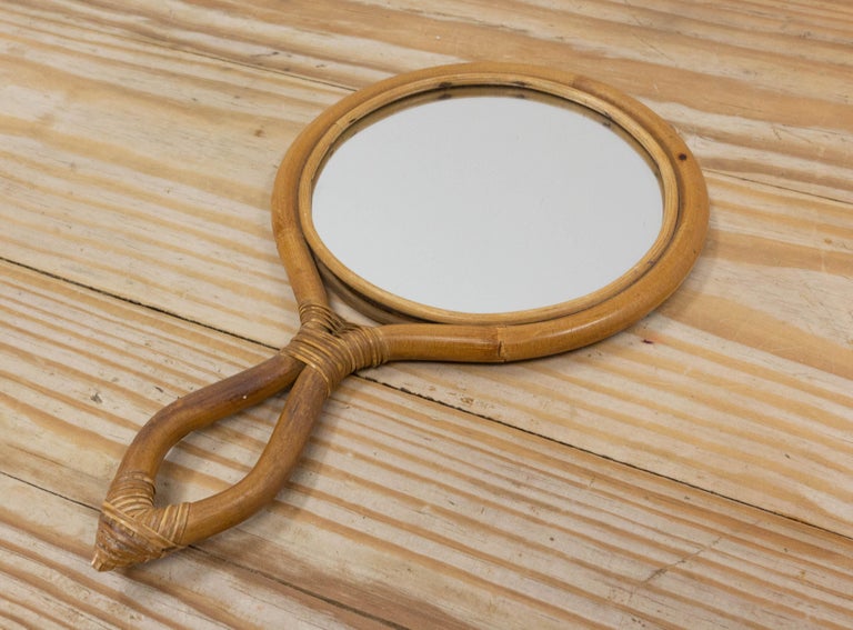 French Hand Mirror Frame in Rattan Midcentury For Sale at 1stDibs