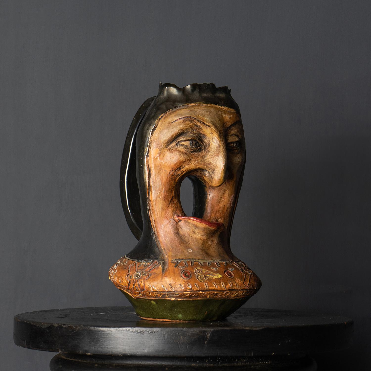 Glazed Antique French Hand Modelled Grotesque Face Jug, Martin Brothers Style