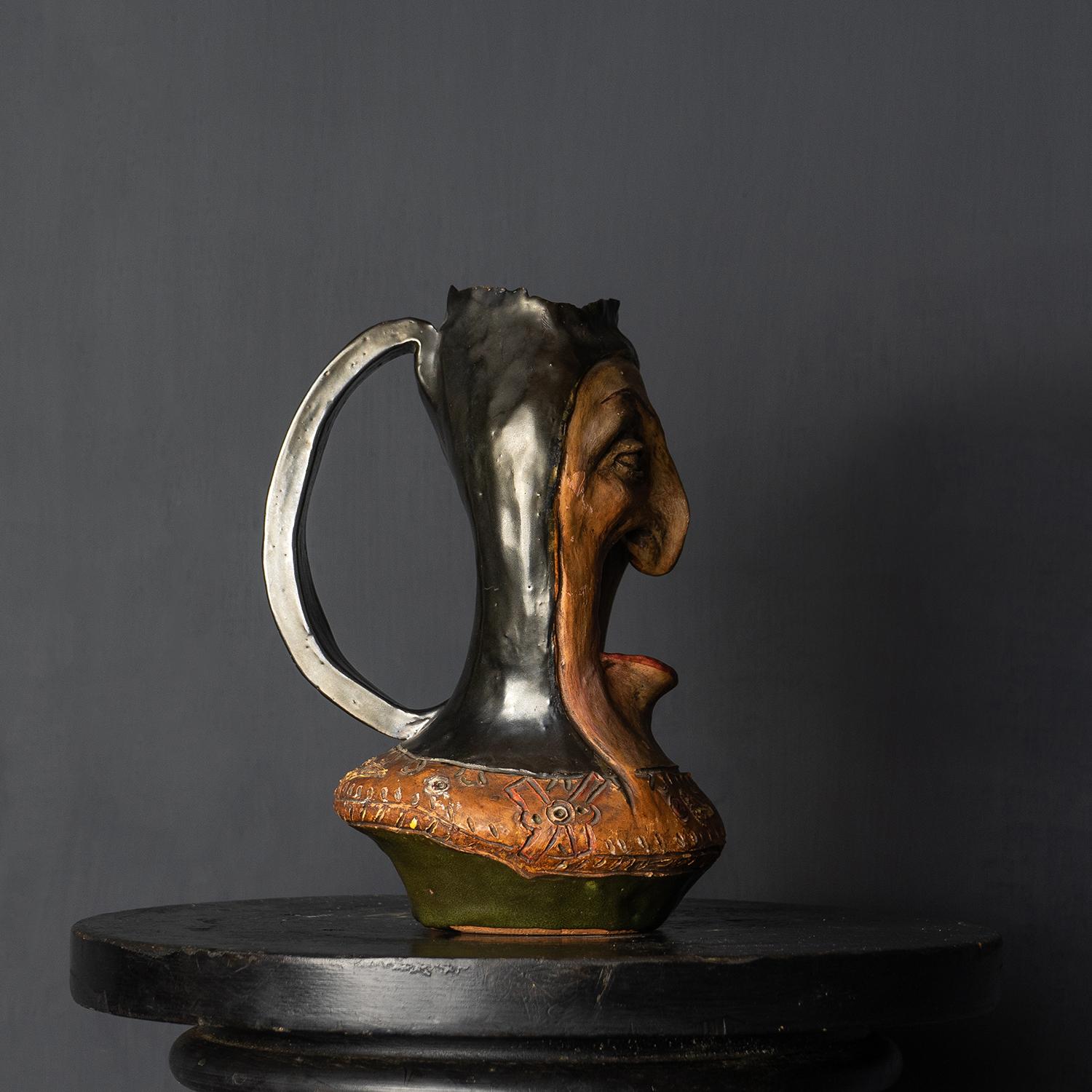 Antique French Hand Modelled Grotesque Face Jug, Martin Brothers Style In Good Condition In Bristol, GB