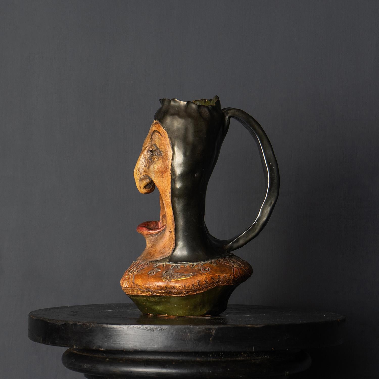 Pottery Antique French Hand Modelled Grotesque Face Jug, Martin Brothers Style