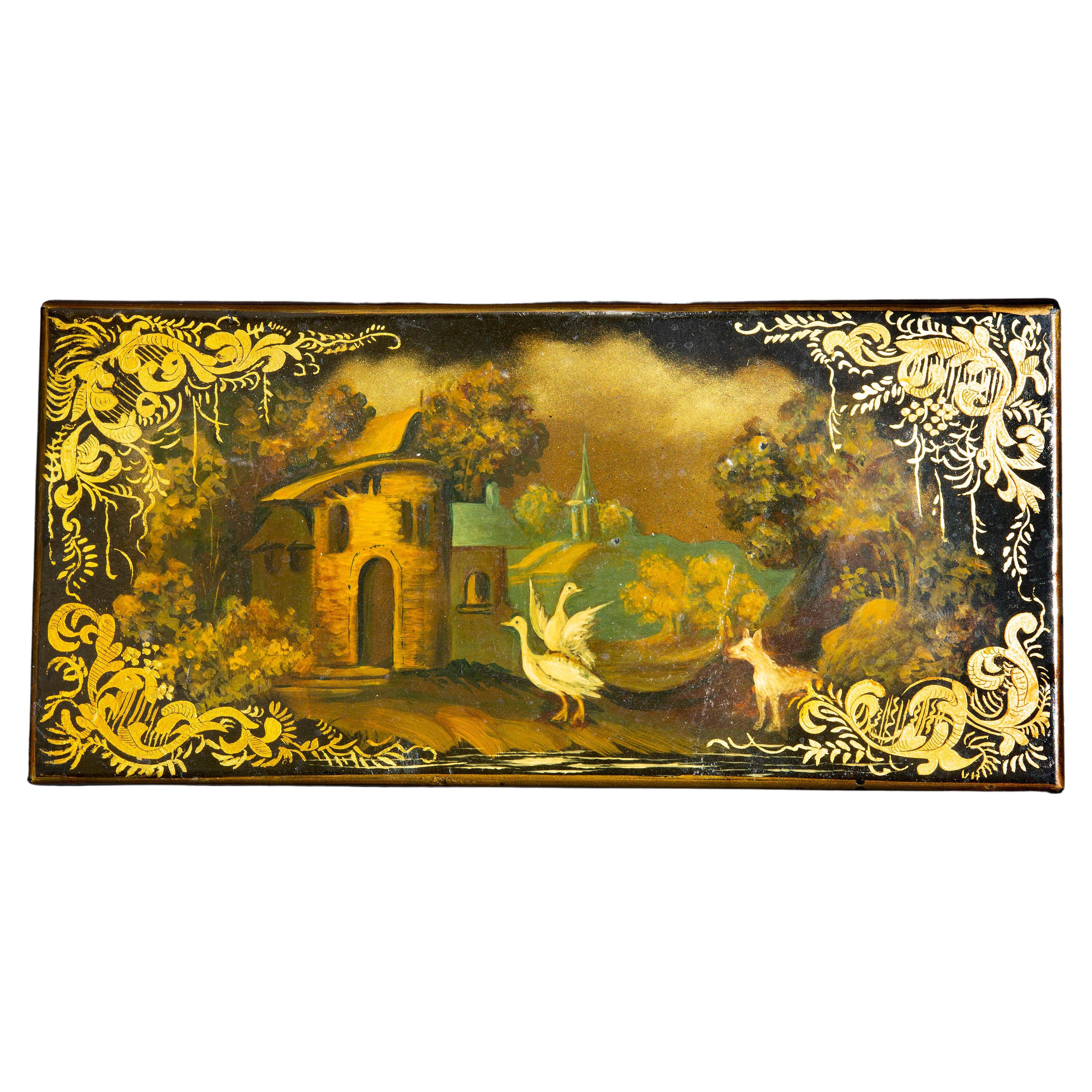  French hand painted and gold gilt tole box. Late 20th century. Artist signed. 