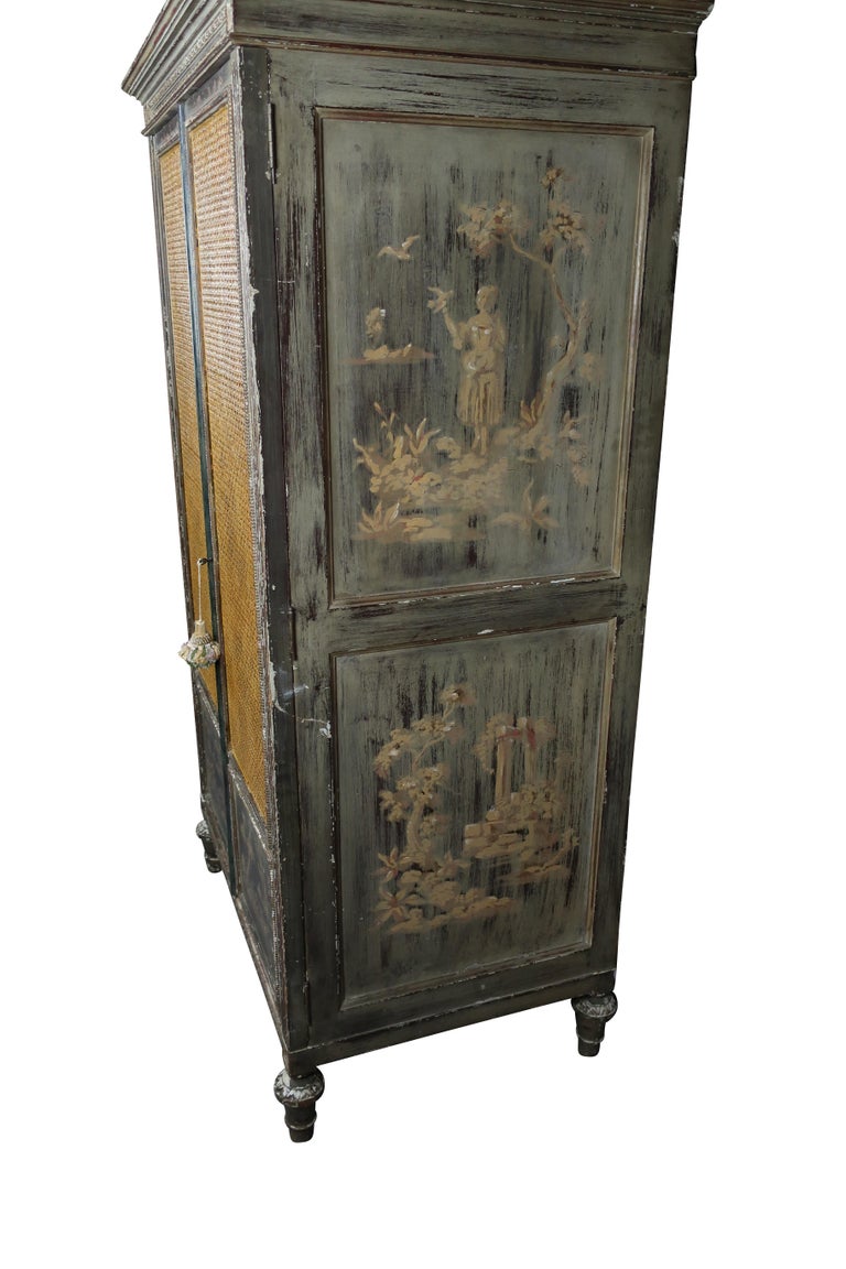 French Hand Painted Armoire With Cane Doors And French Pastoral