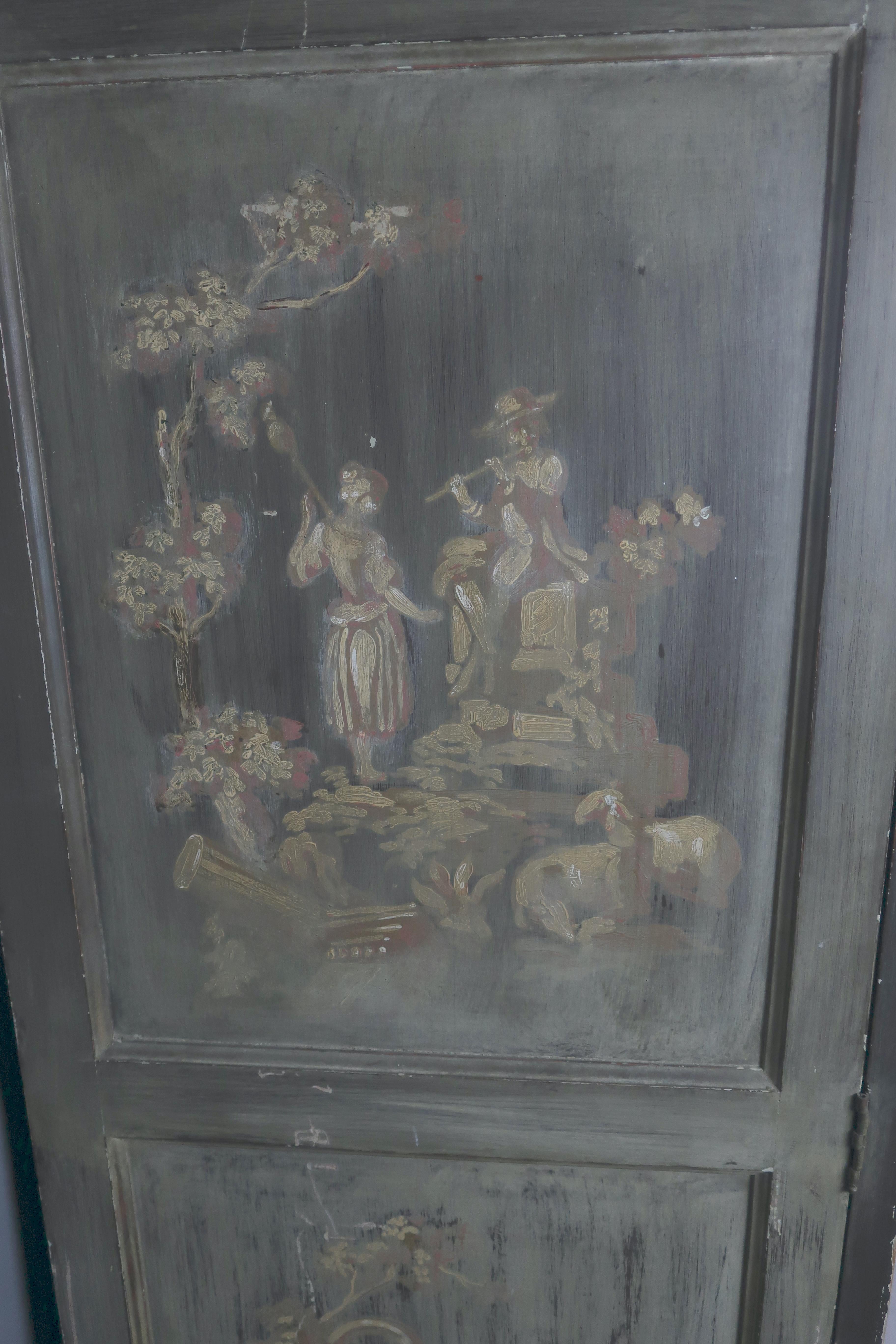 Hand-Painted French Hand Painted Armoire with Cane Doors and French Pastoral Scene Decoration