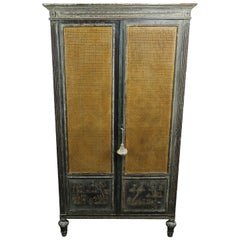 French Hand Painted Armoire with Cane Doors and French Pastoral Scene Decoration