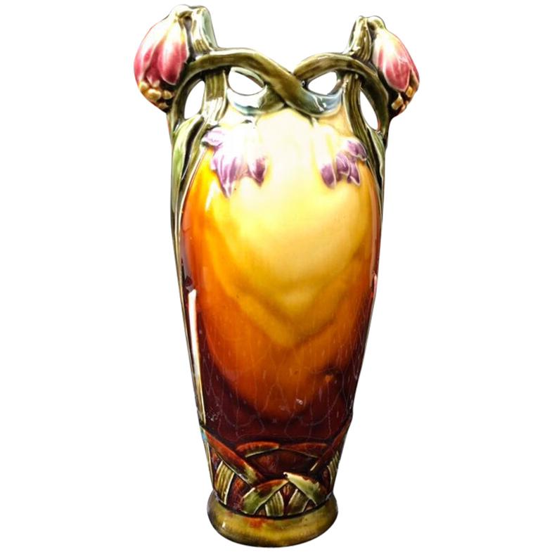 French Hand Painted Art Nouveau Flower Barbotine Vase, circa 1912