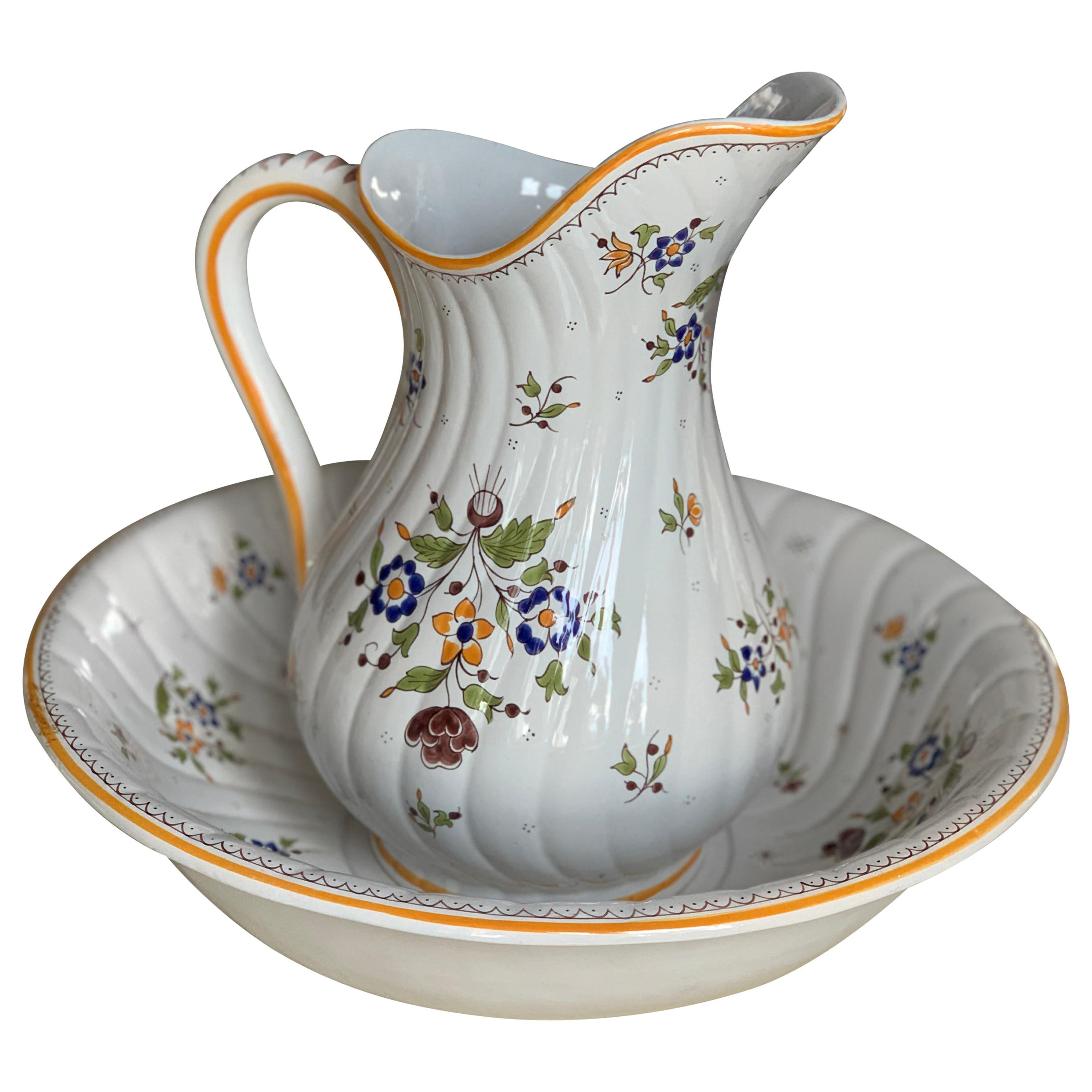 French Hand Painted Ceramic Pitcher and Bowl by Moustiers