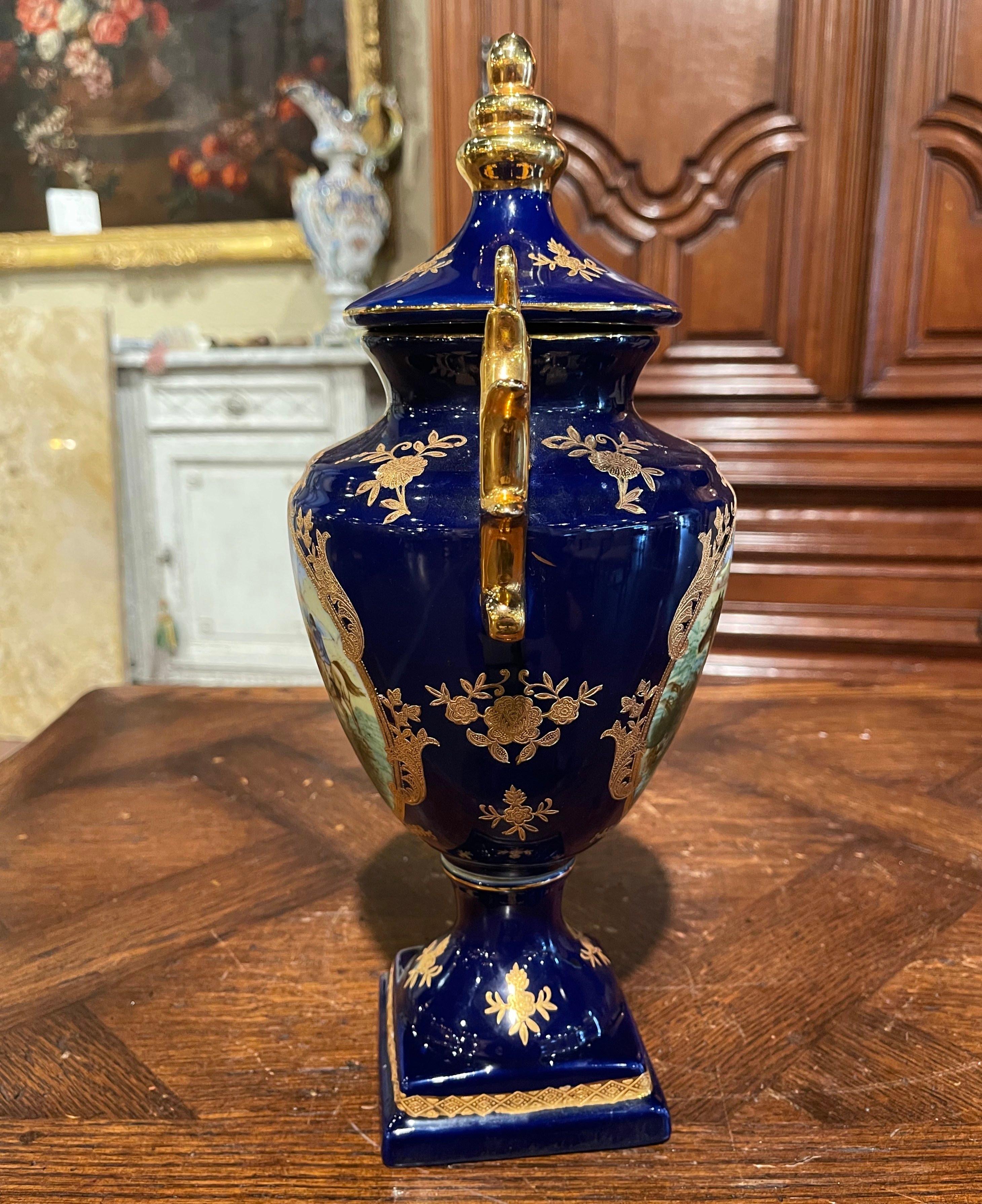 Louis XVI French Hand Painted Cobalt and Gilt Porcelain Sevres Style Urn with Hunt Motifs