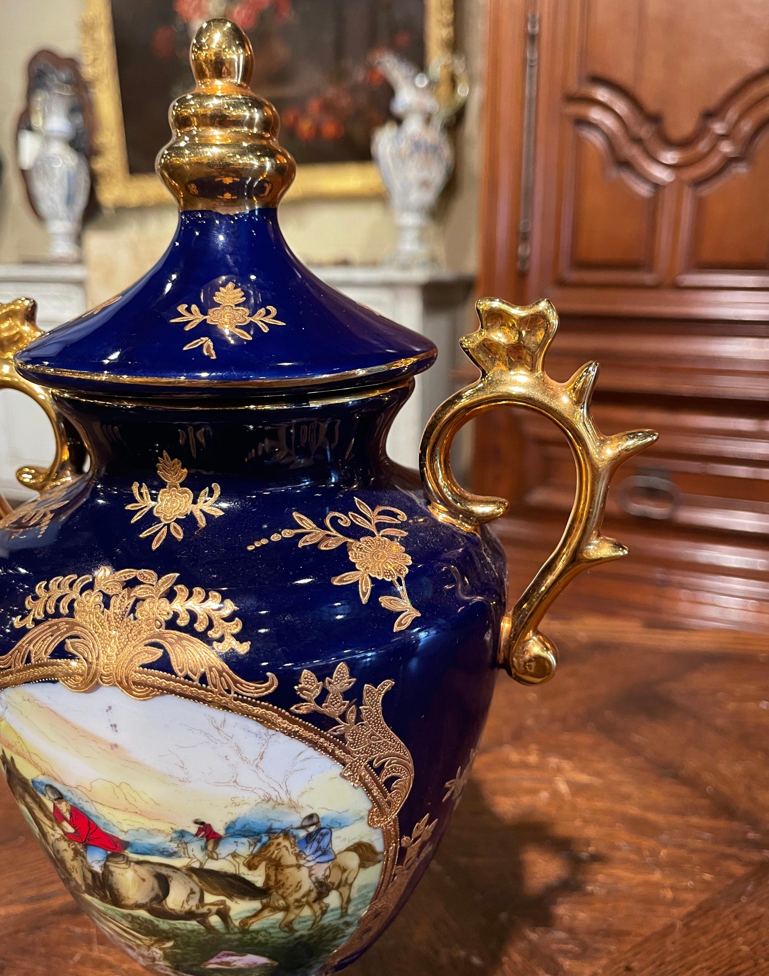 Hand-Painted French Hand Painted Cobalt and Gilt Porcelain Sevres Style Urn with Hunt Motifs