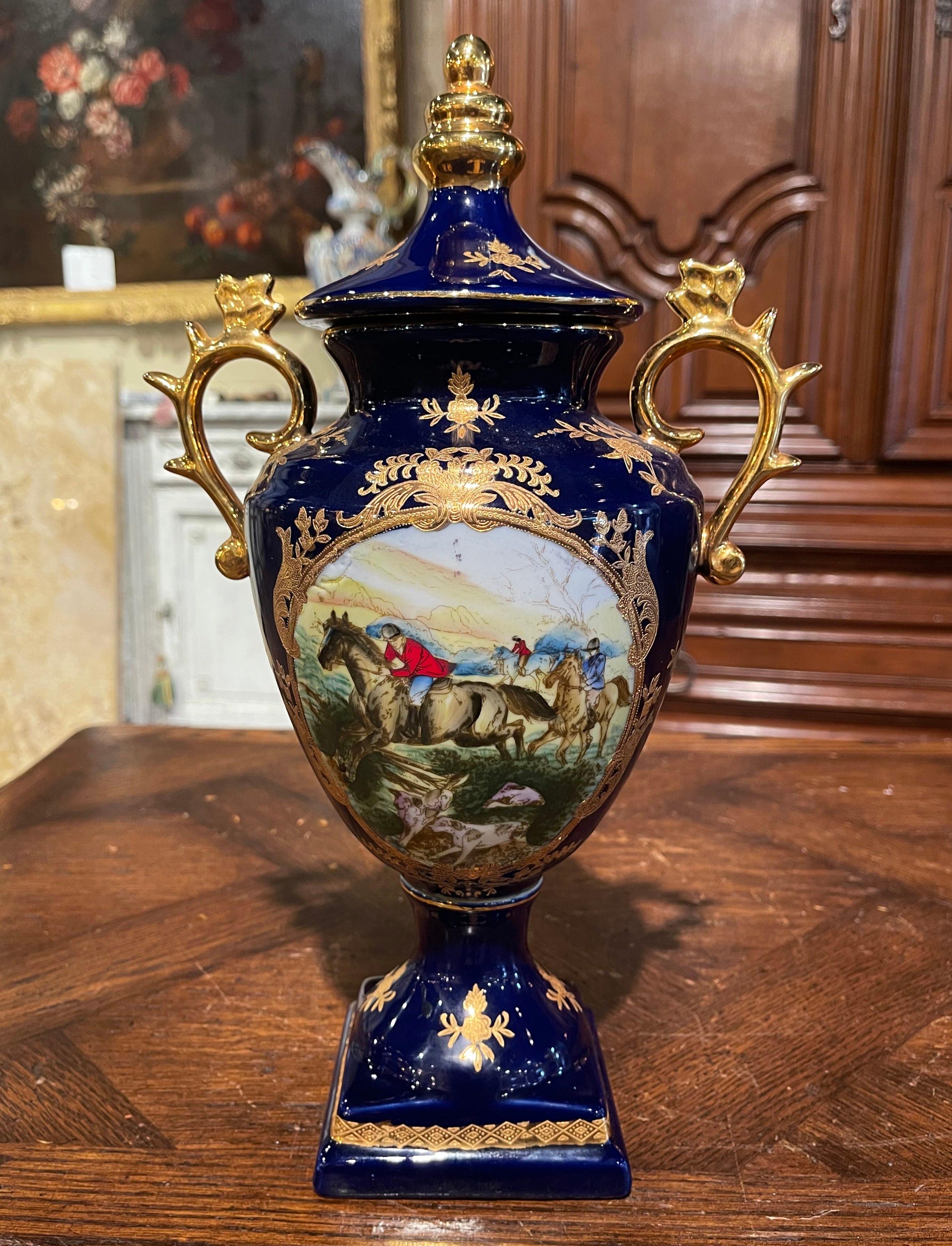 French Hand Painted Cobalt and Gilt Porcelain Sevres Style Urn with Hunt Motifs In Excellent Condition In Dallas, TX