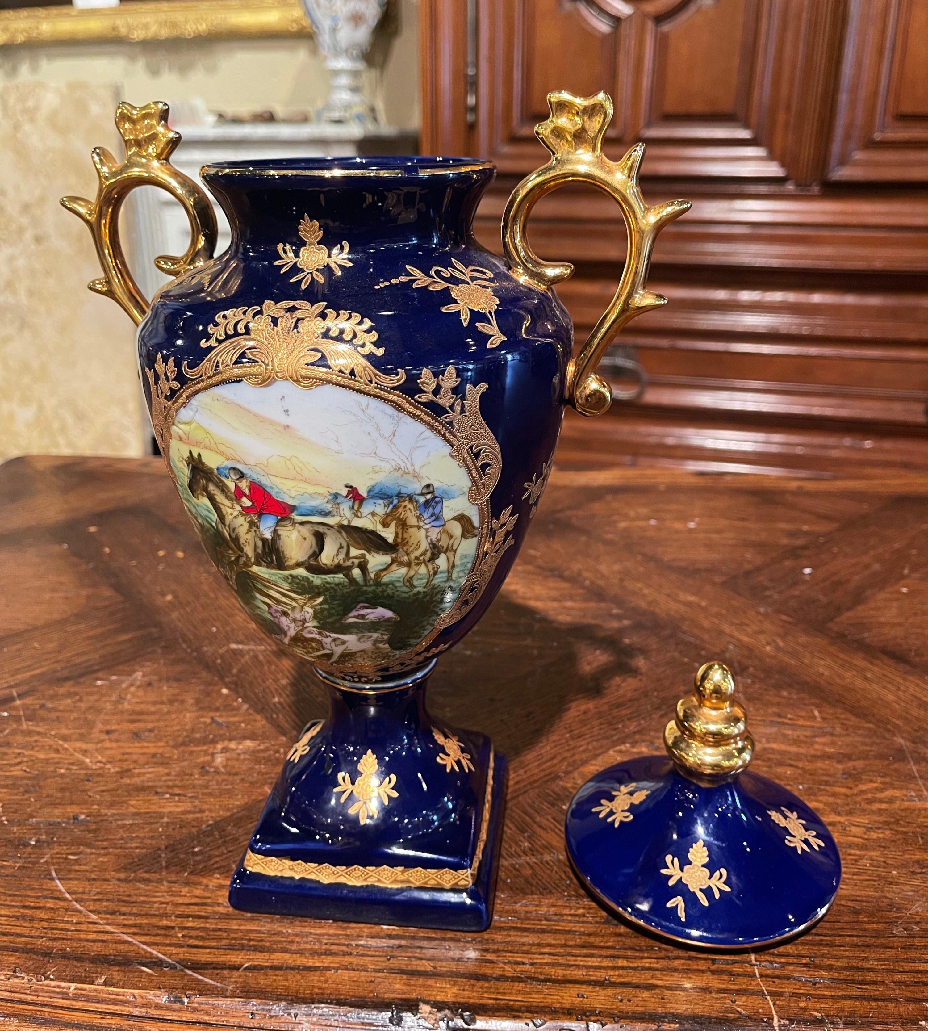 20th Century French Hand Painted Cobalt and Gilt Porcelain Sevres Style Urn with Hunt Motifs