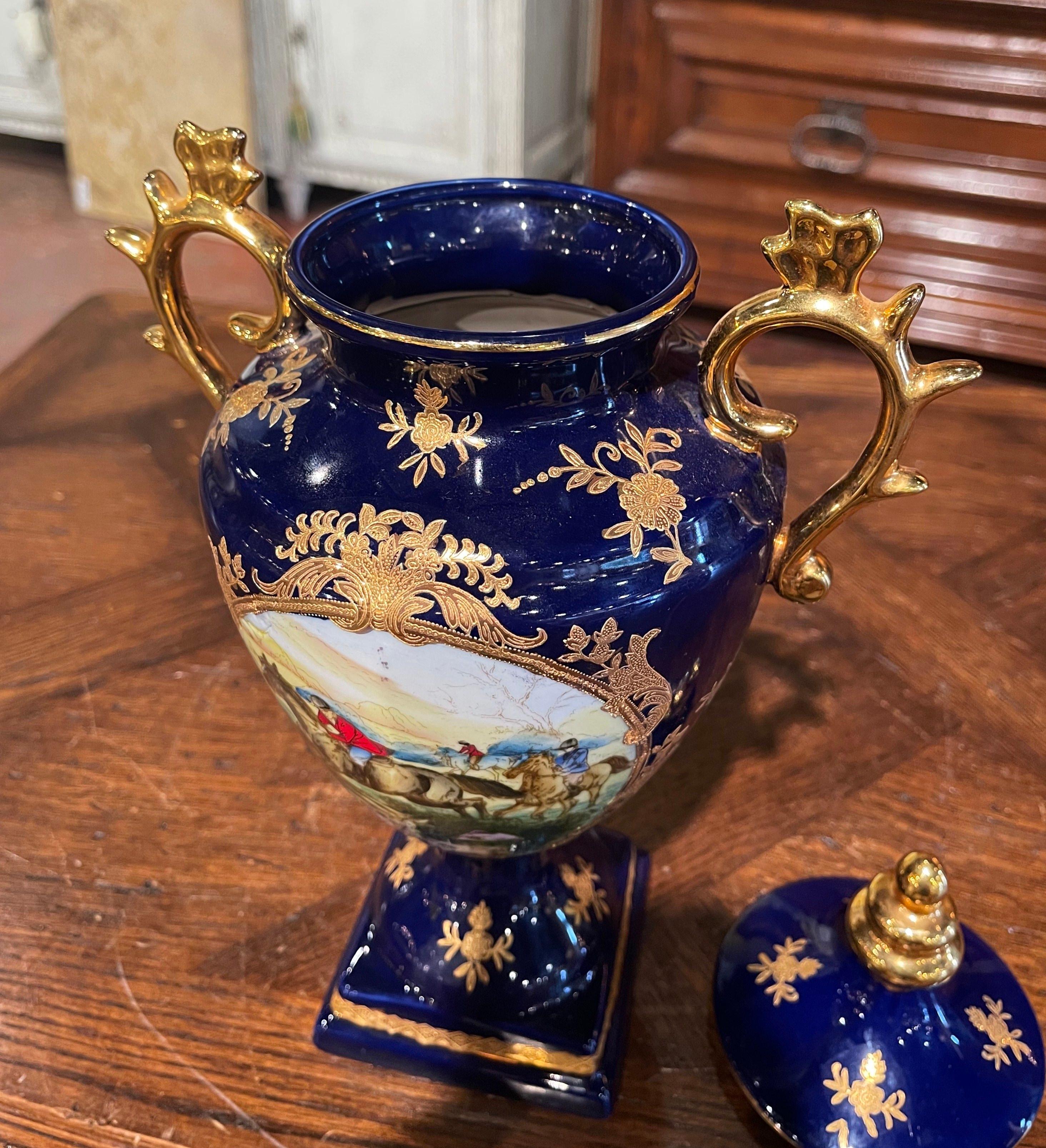 French Hand Painted Cobalt and Gilt Porcelain Sevres Style Urn with Hunt Motifs 1
