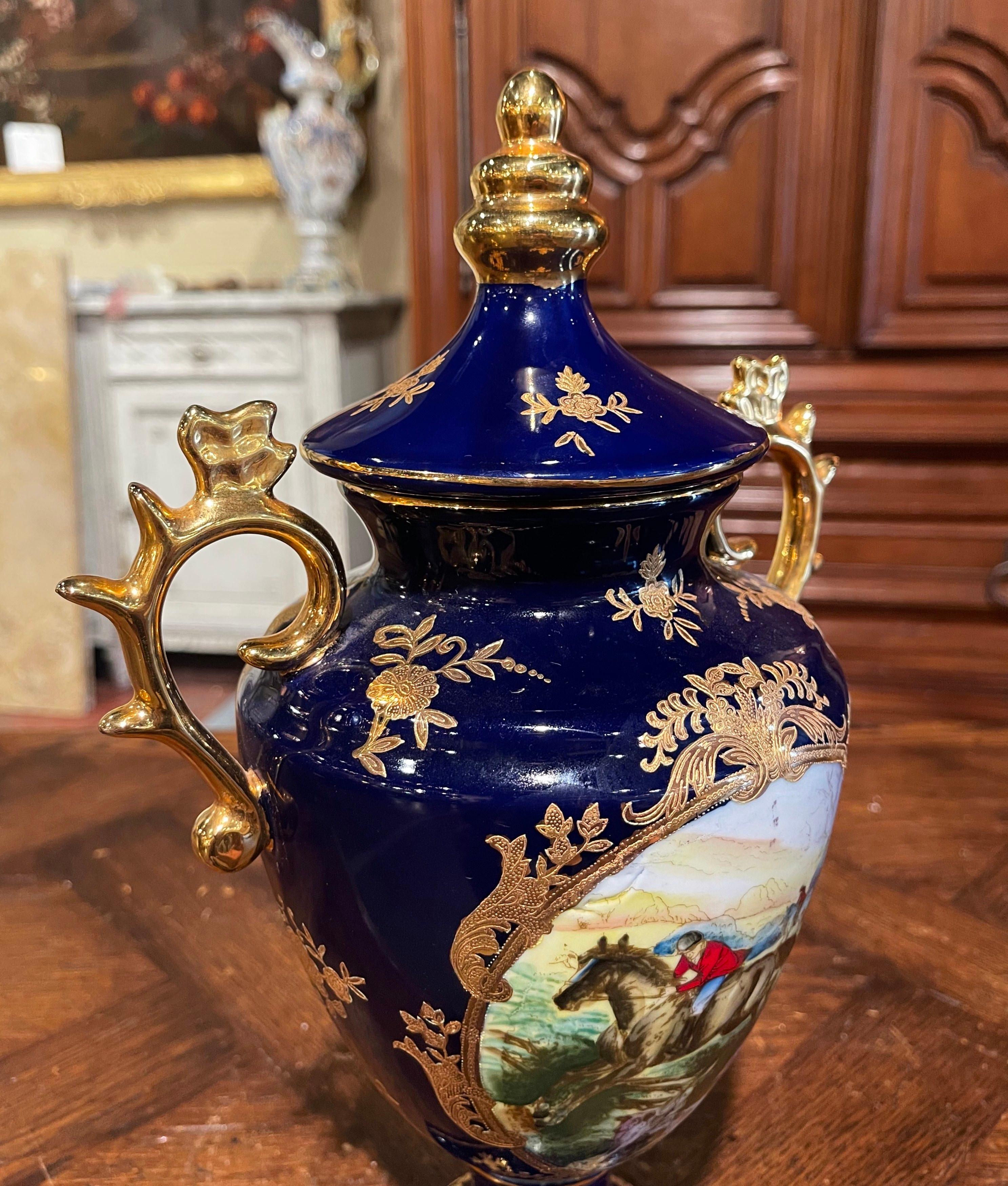 French Hand Painted Cobalt and Gilt Porcelain Sevres Style Urn with Hunt Motifs 2