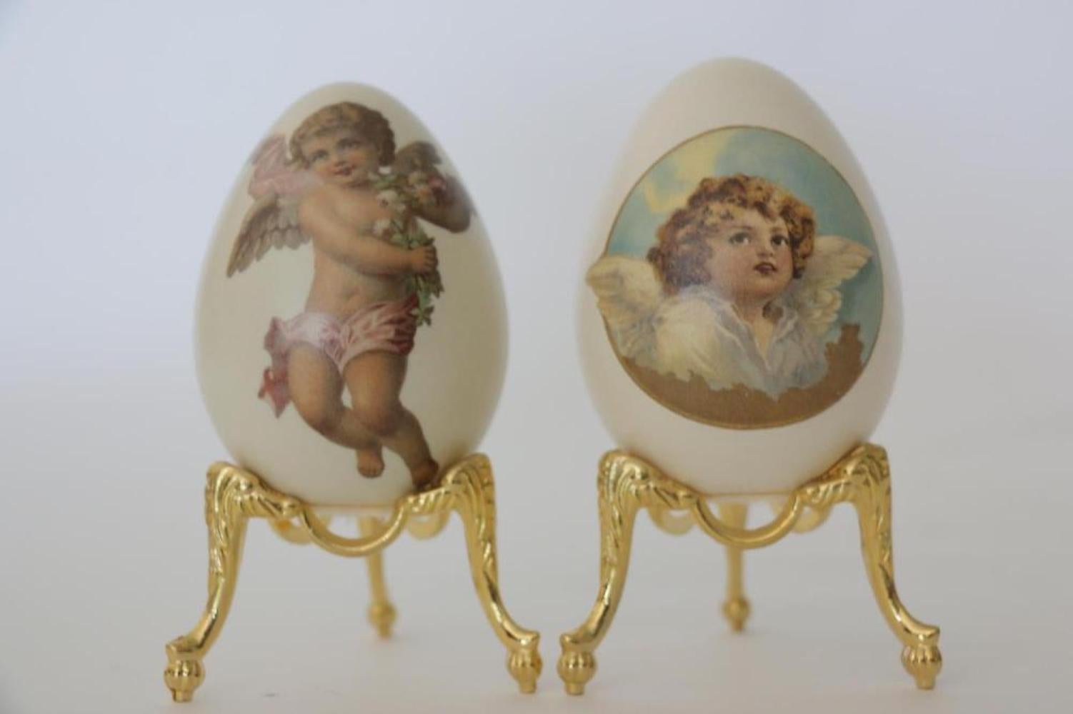 French Hand Painted Cupid Eggs on Stands In Excellent Condition For Sale In Washington Crossing, PA