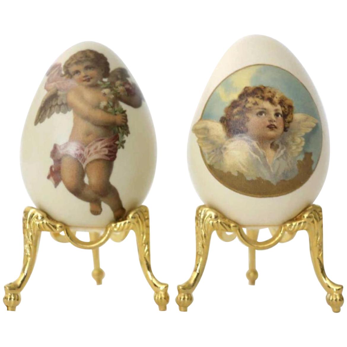 French Hand Painted Cupid Eggs on Stands For Sale