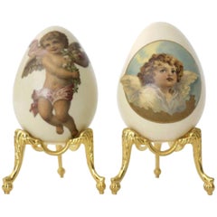 French Hand Painted Cupid Eggs on Stands