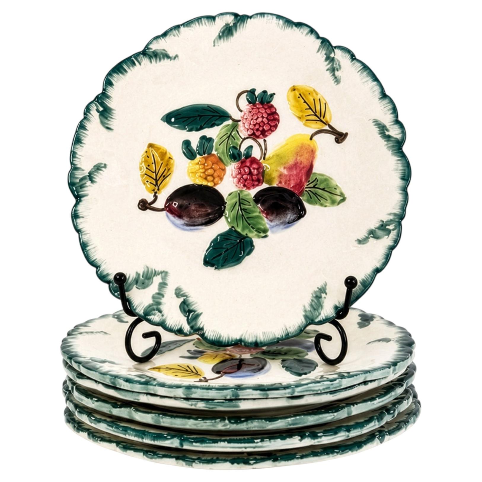 French Hand-Painted Faience Dessert Plates, Set of Six, Mid-20th Century
