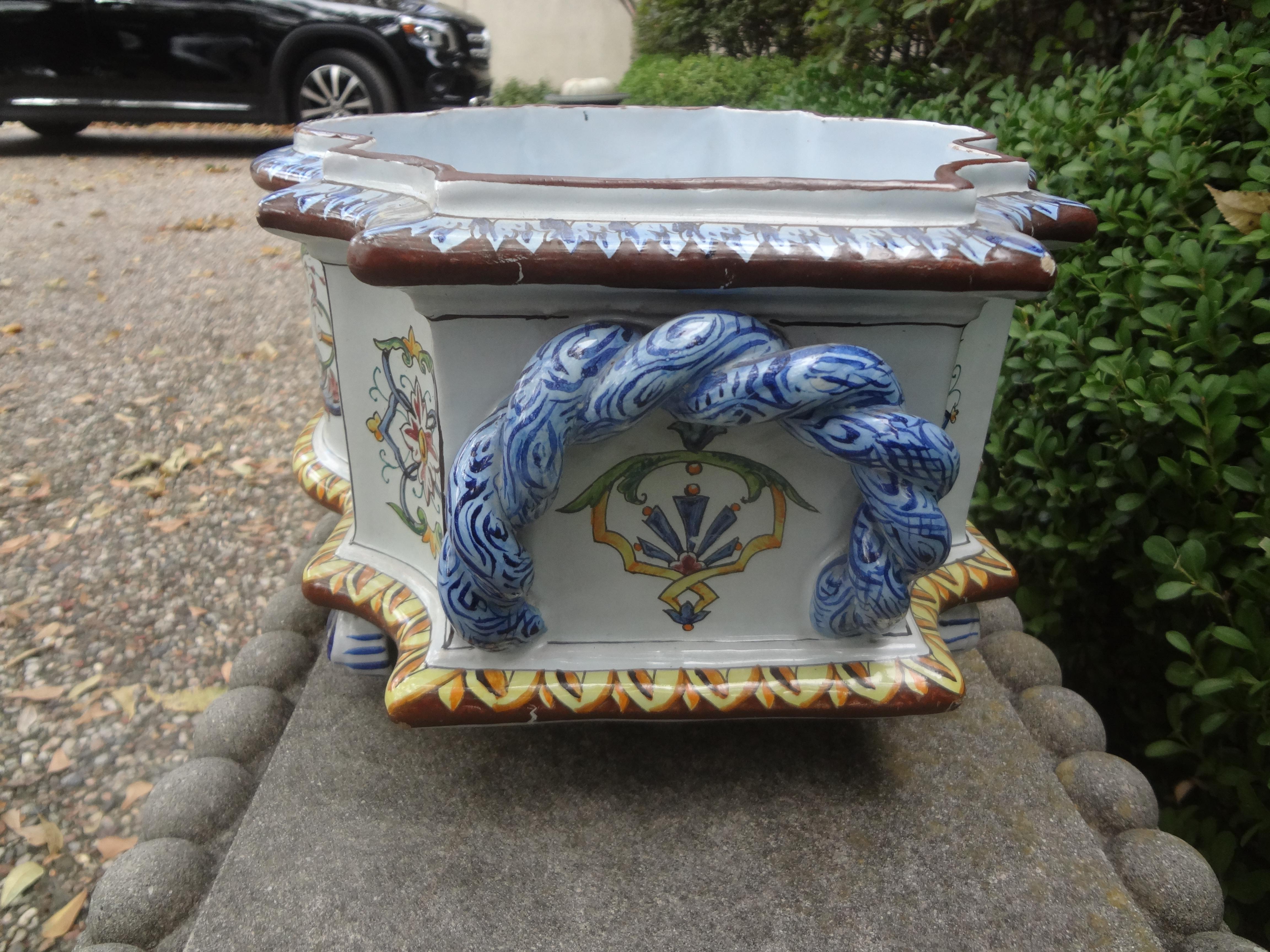Early 20th Century French Hand Painted Faience Jardiniere or Cachepot For Sale