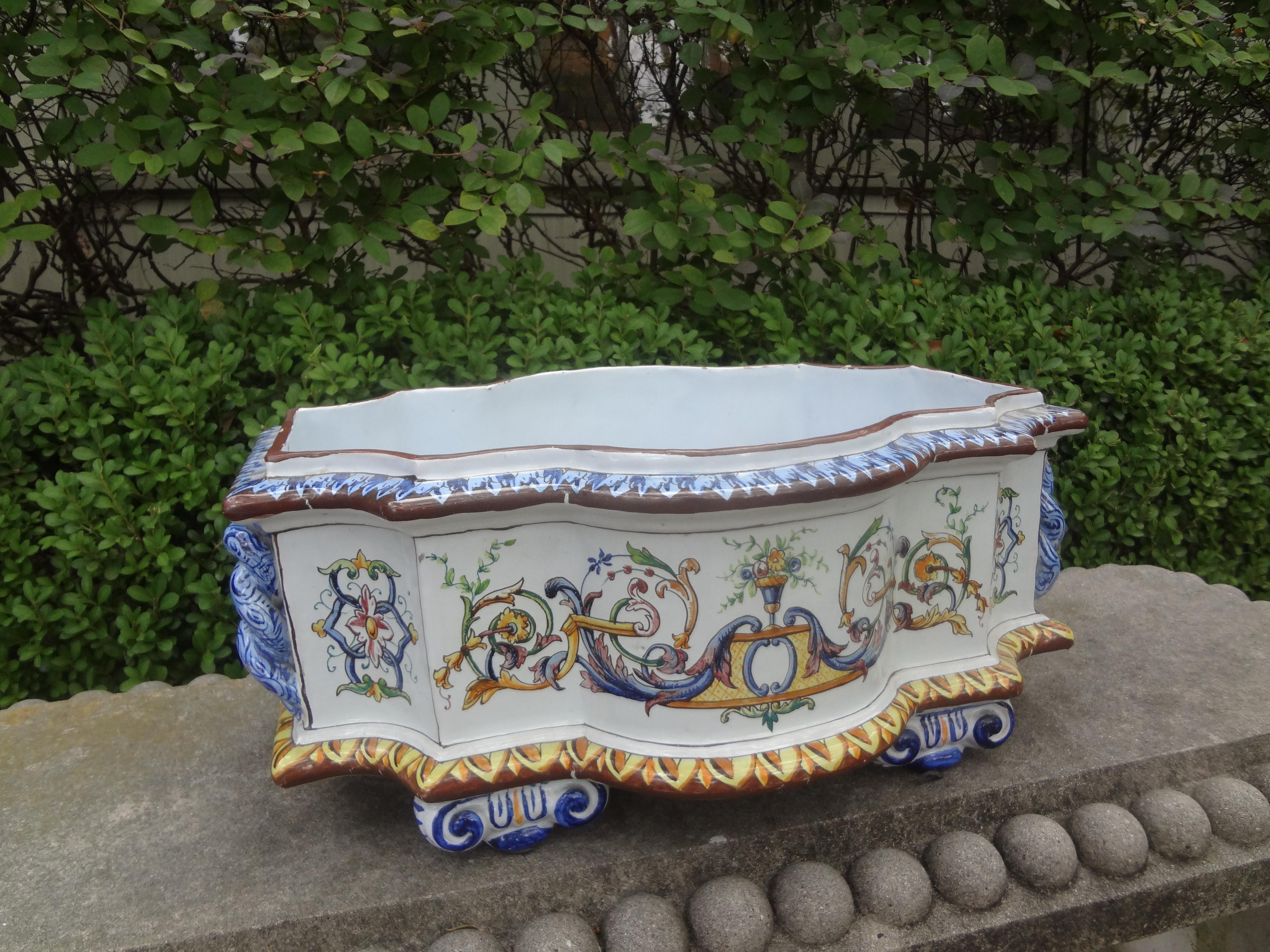 French Hand Painted Faience Jardiniere or Cachepot For Sale 2