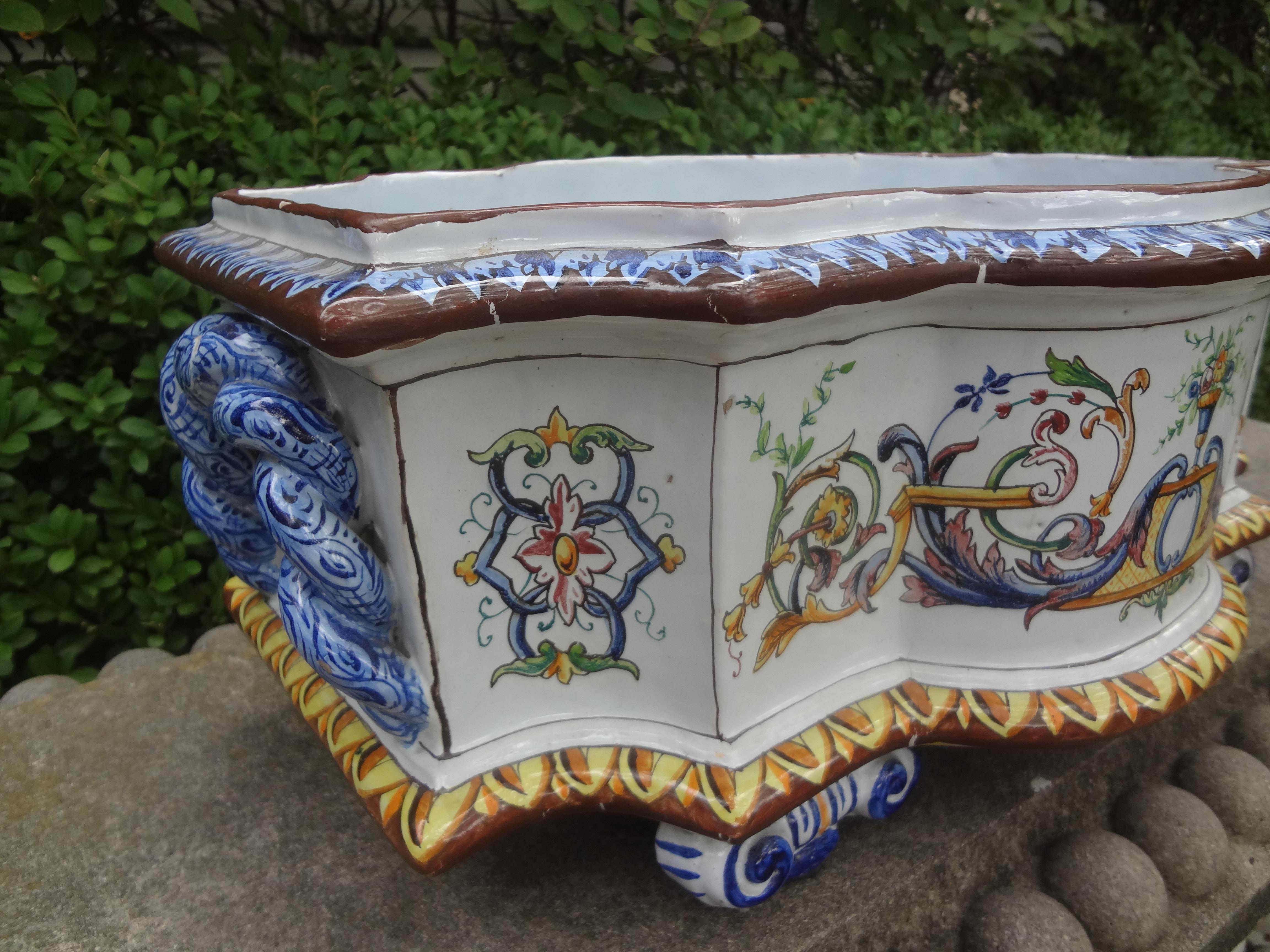 French Hand Painted Faience Jardiniere or Cachepot For Sale 3