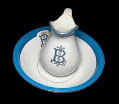 French Hand Painted Faience Set of Large Wash Bowl and Jug