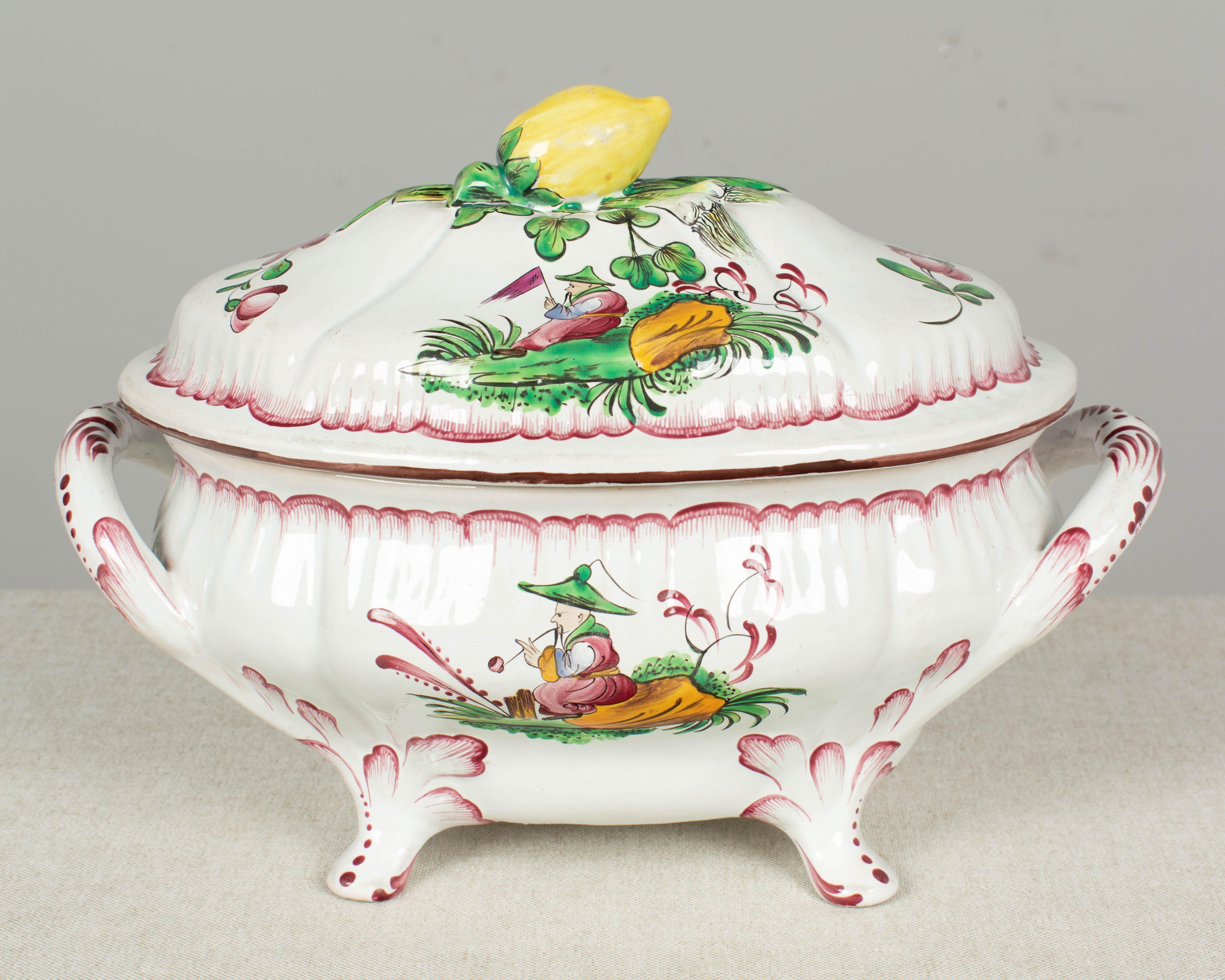 Country French Hand-Painted Faience Soup Tureen  For Sale