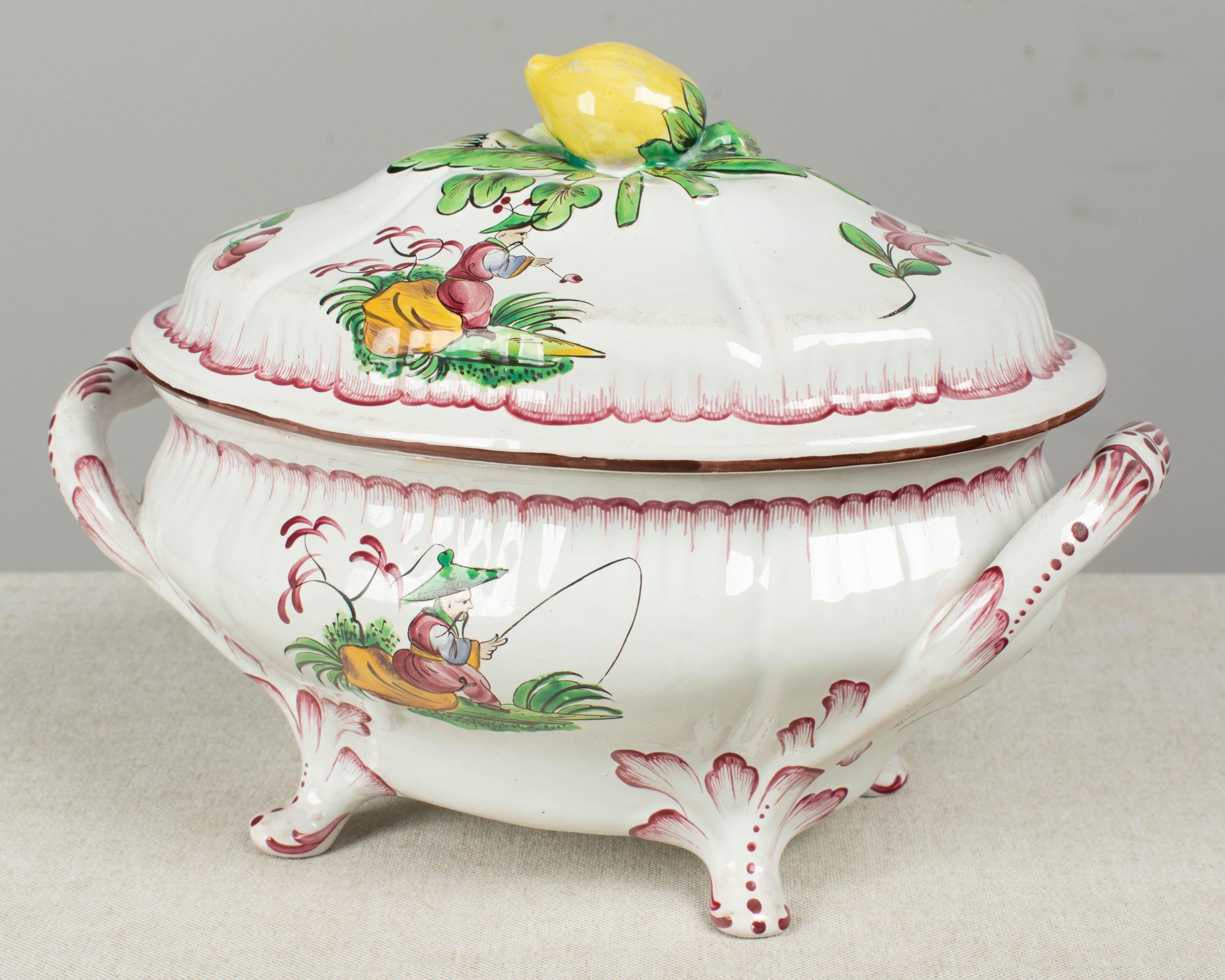 20th Century French Hand-Painted Faience Soup Tureen  For Sale